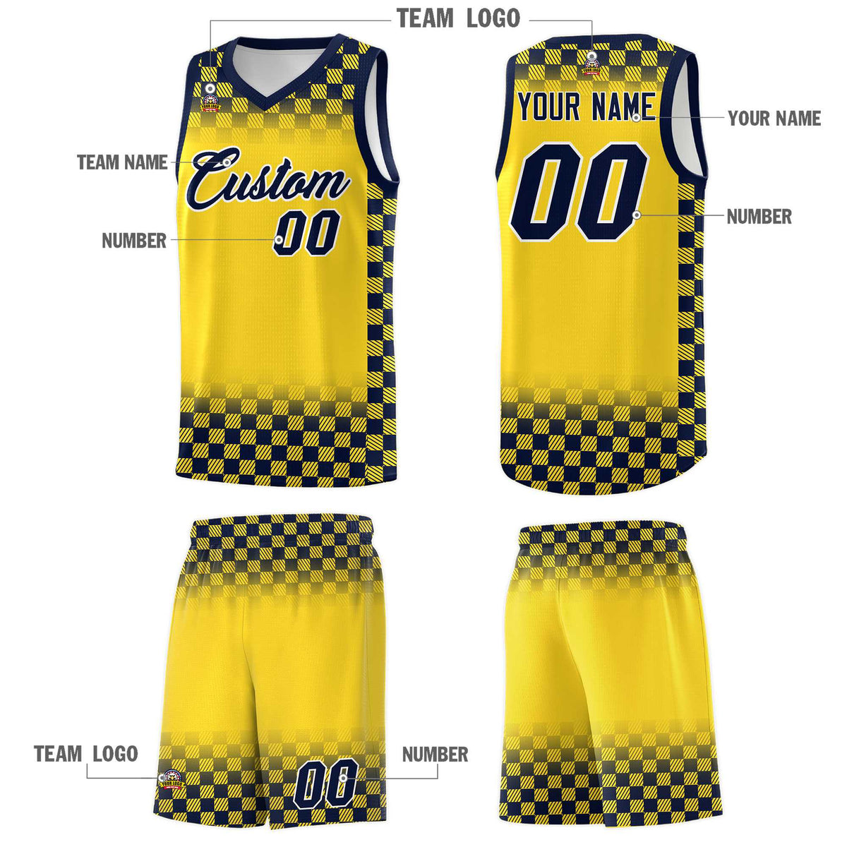 Custom Gold Navy Classic Plaid Pattern Sports Uniform Basketball Jersey