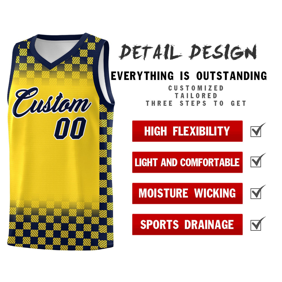 Custom Gold Navy Classic Plaid Pattern Sports Uniform Basketball Jersey