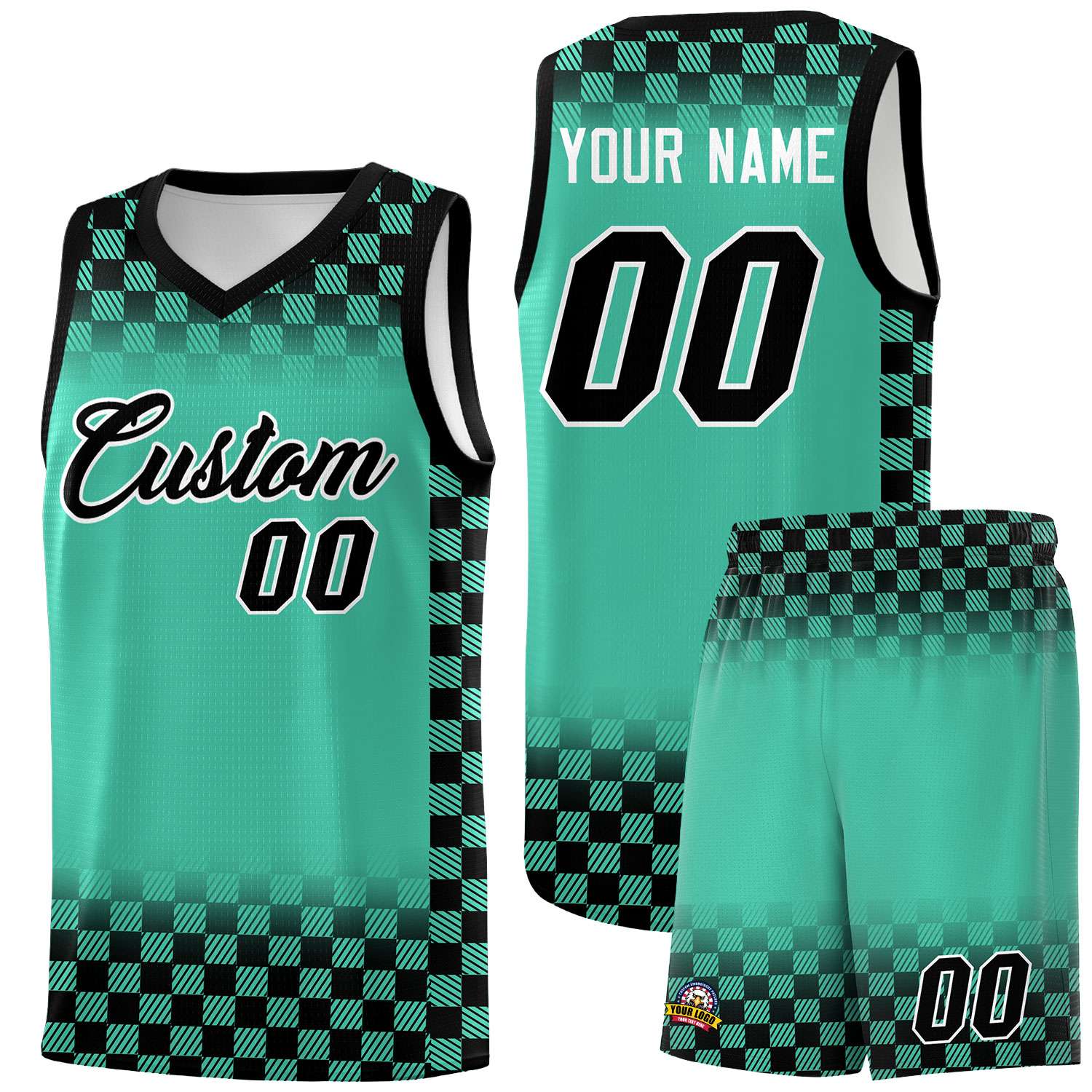 Custom Bright Green Black Classic Plaid Pattern Sports Uniform Basketball Jersey