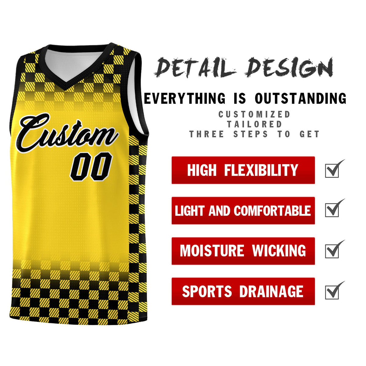 Custom Gold Black Classic Plaid Pattern Sports Uniform Basketball Jersey