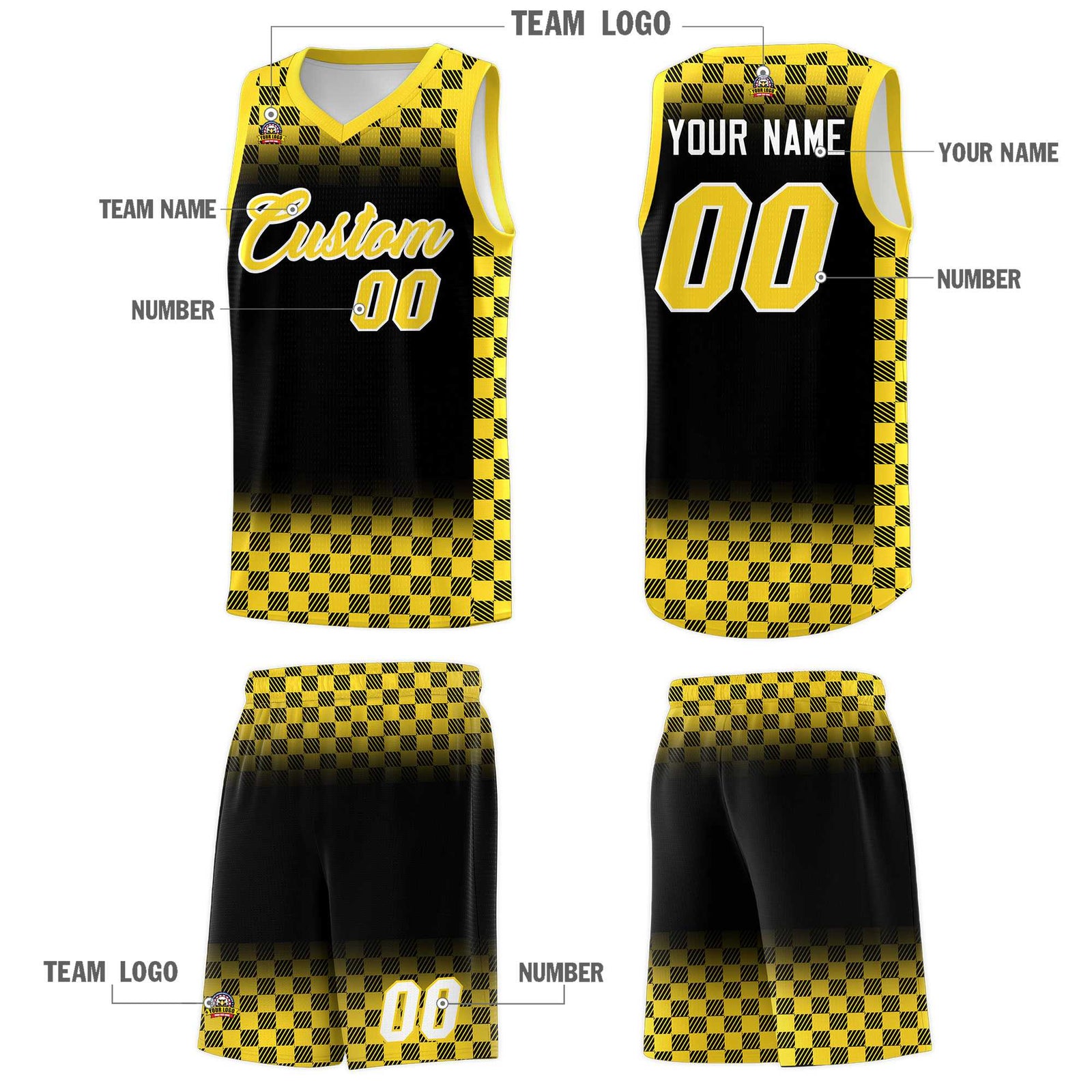 Custom Black Gold Classic Plaid Pattern Sports Uniform Basketball Jersey