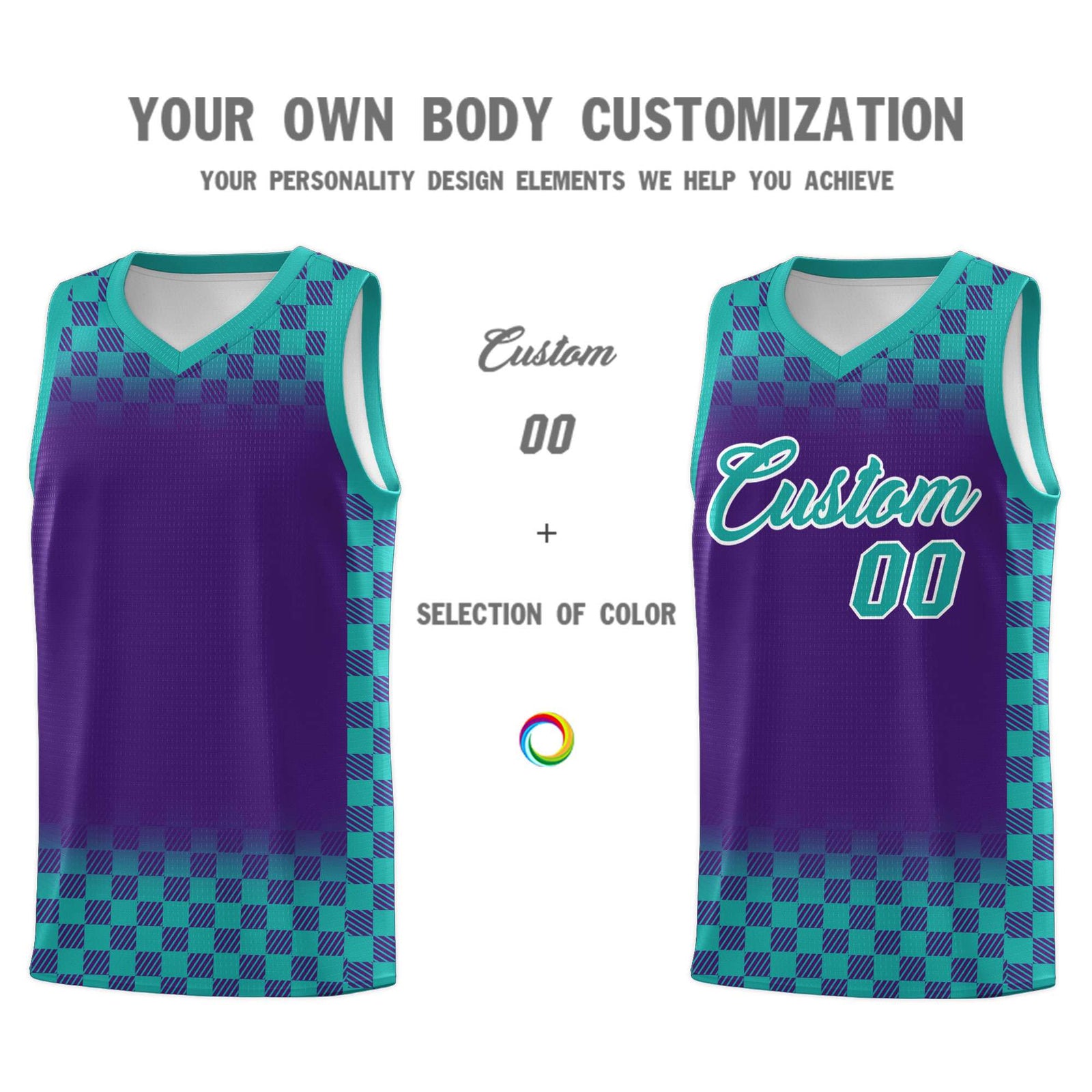 Custom Purple Aqua Classic Plaid Pattern Sports Uniform Basketball Jersey