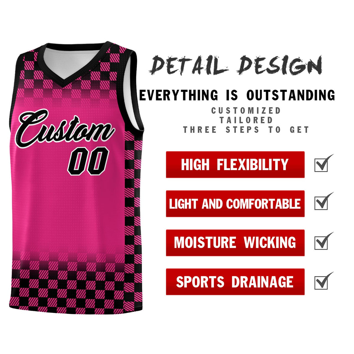 Custom Pink Black Classic Plaid Pattern Sports Uniform Basketball Jersey