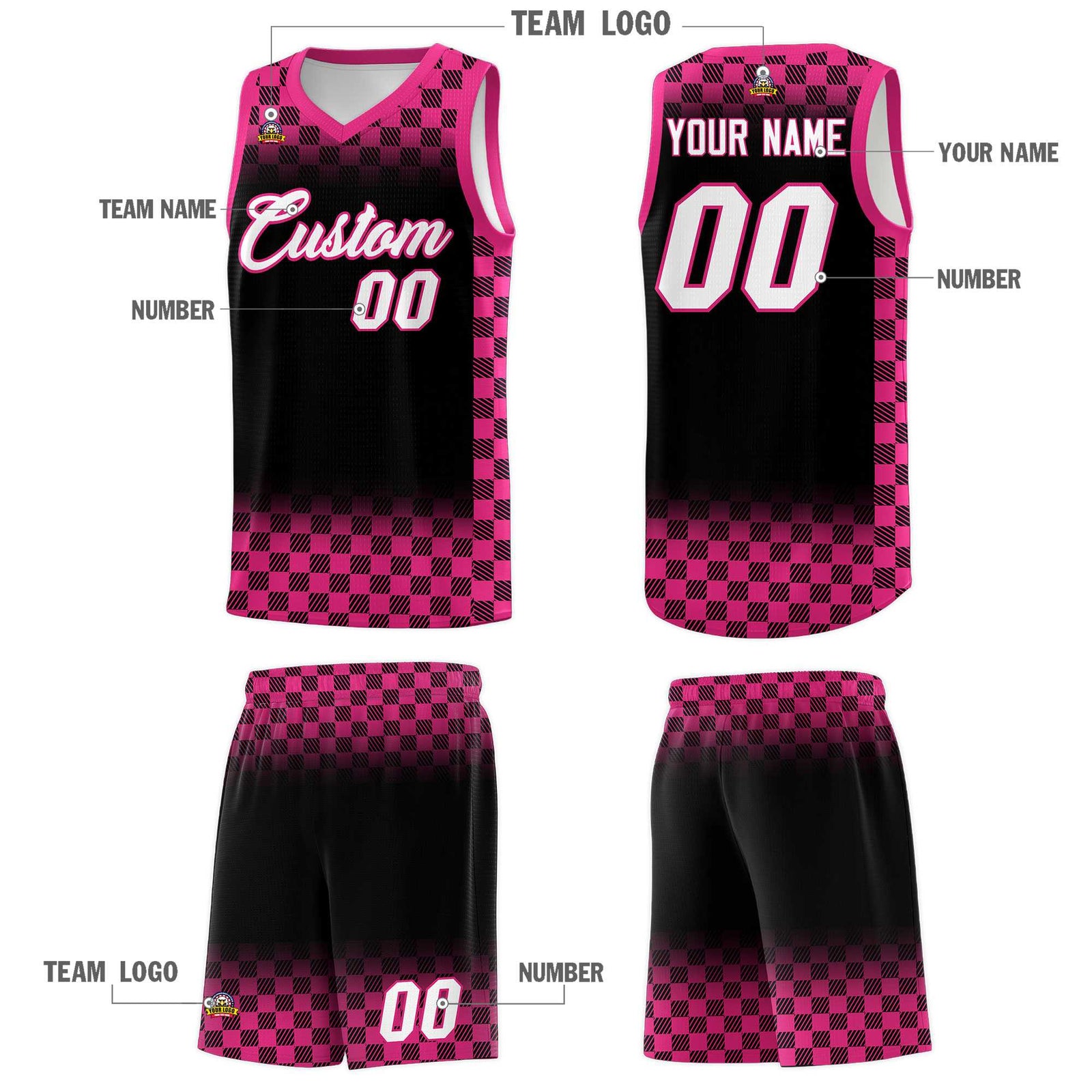 Custom Black Pink Classic Plaid Pattern Sports Uniform Basketball Jersey
