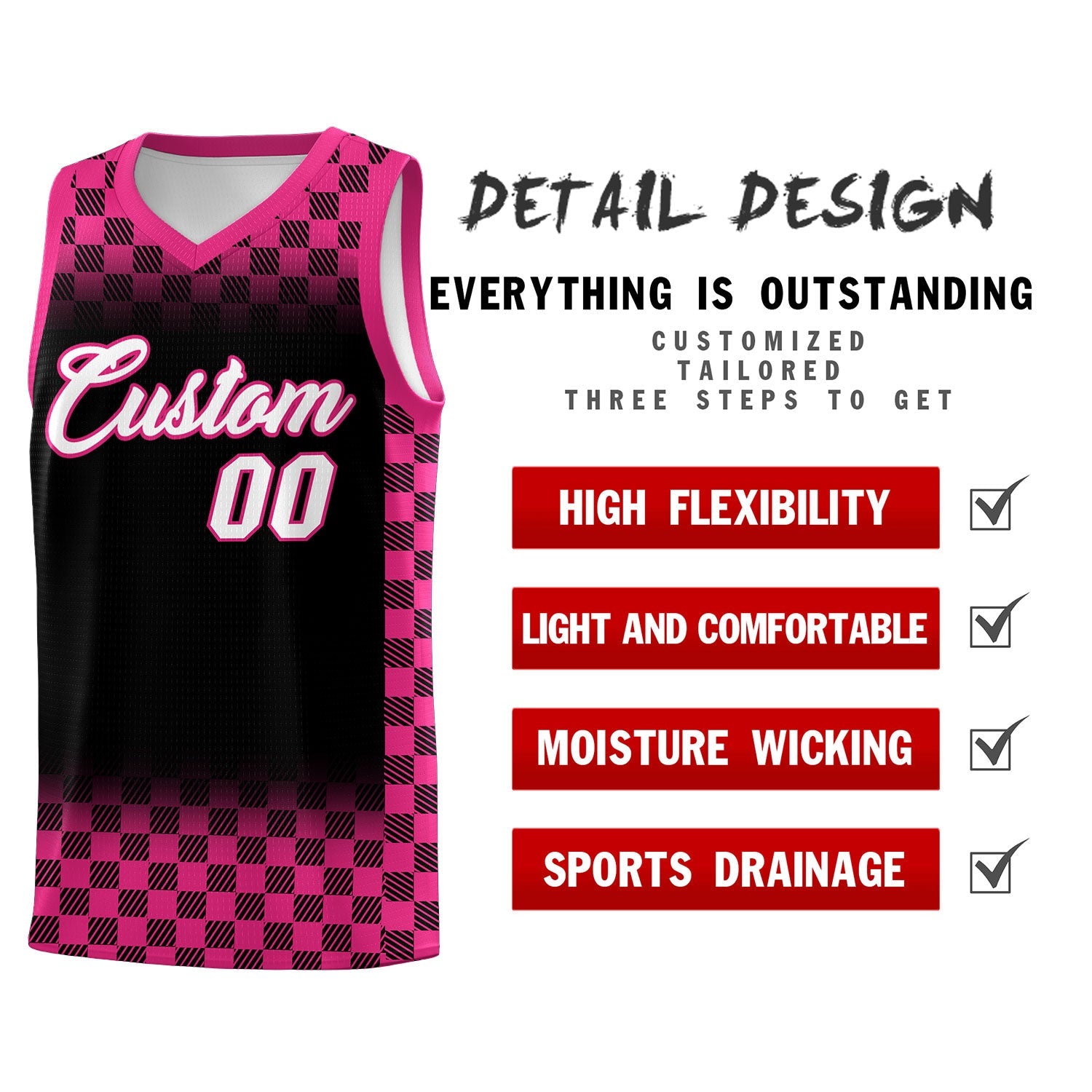 Custom Black Pink Classic Plaid Pattern Sports Uniform Basketball Jersey