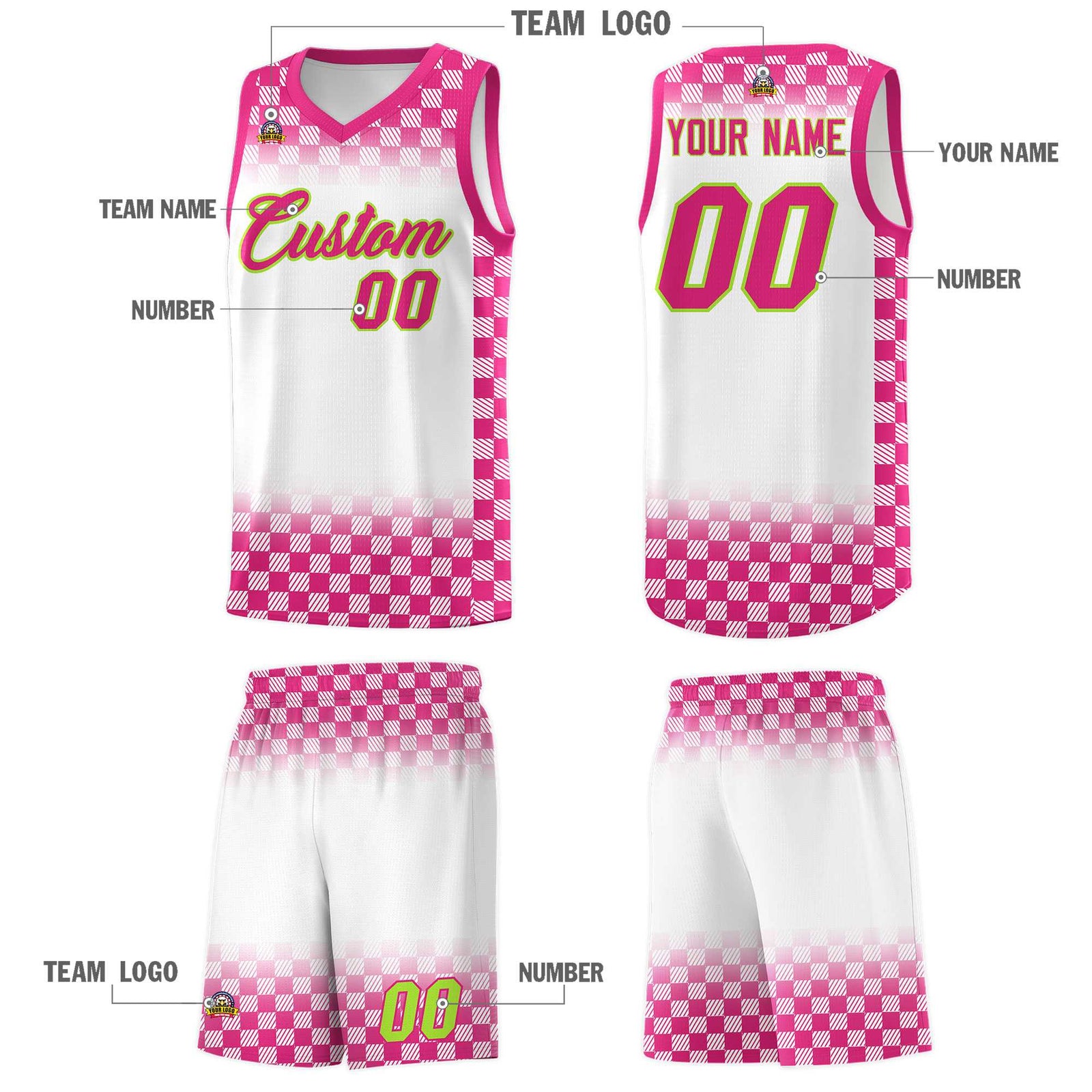 Custom White Pink Classic Plaid Pattern Sports Uniform Basketball Jersey