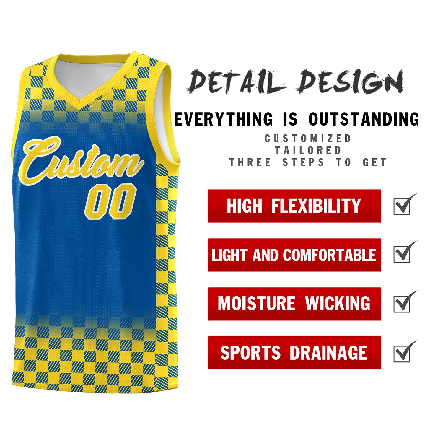 Custom Royal Gold Classic Plaid Pattern Sports Uniform Basketball Jersey