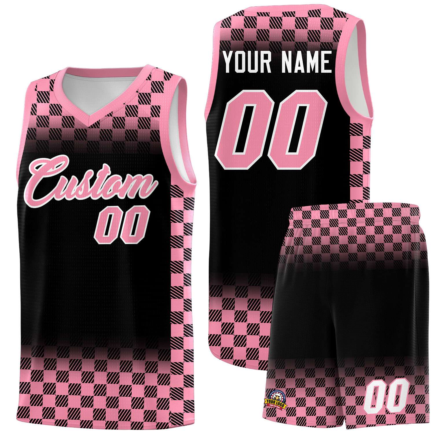 Custom Black Light Pink Classic Plaid Pattern Sports Uniform Basketball Jersey