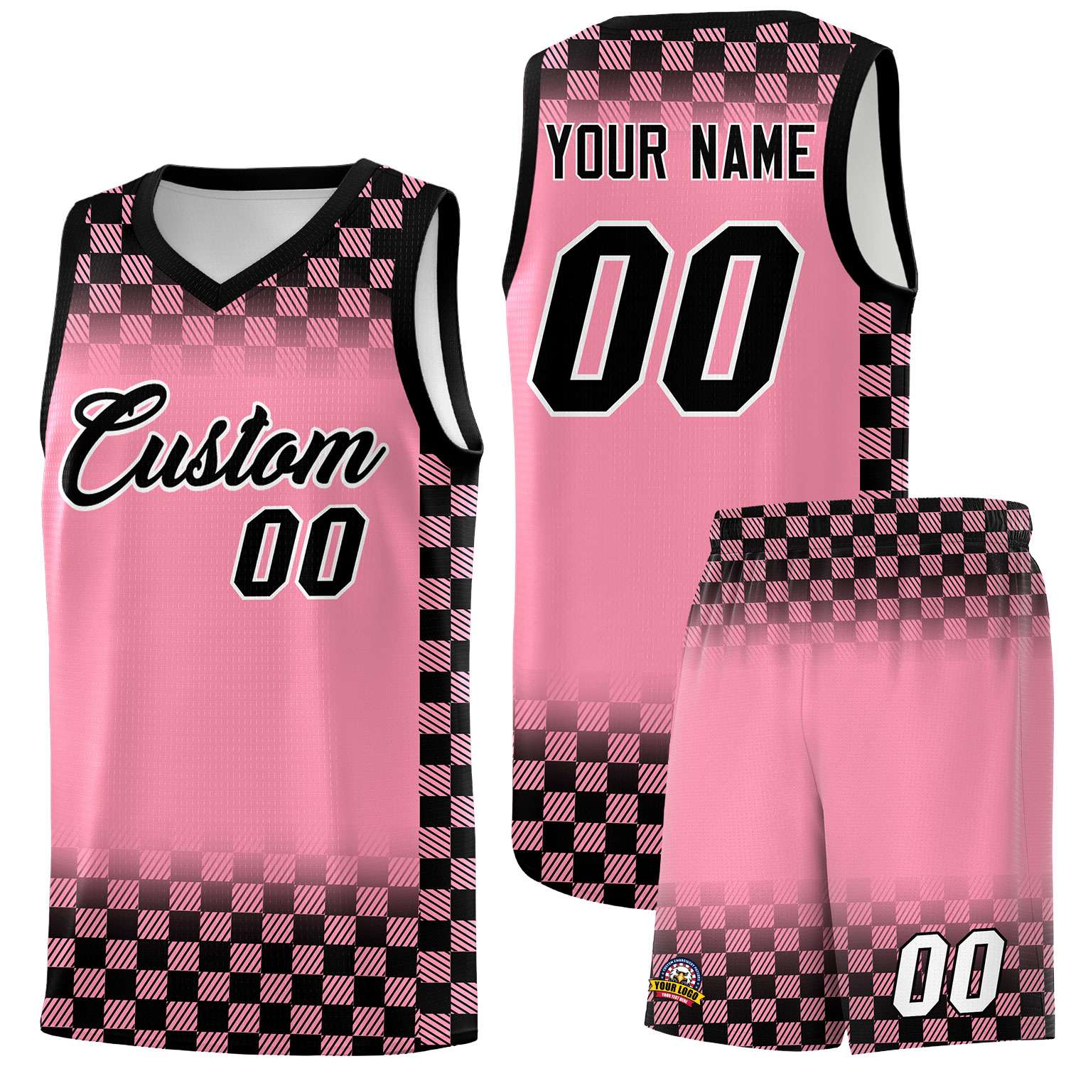Custom Light Pink Black Classic Plaid Pattern Sports Uniform Basketball Jersey