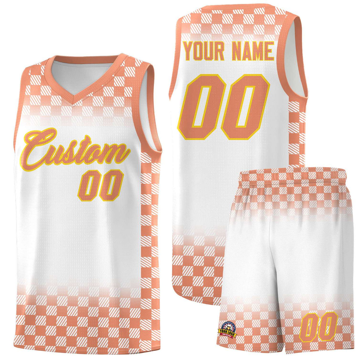 Custom White Light Orange Classic Plaid Pattern Sports Uniform Basketball Jersey