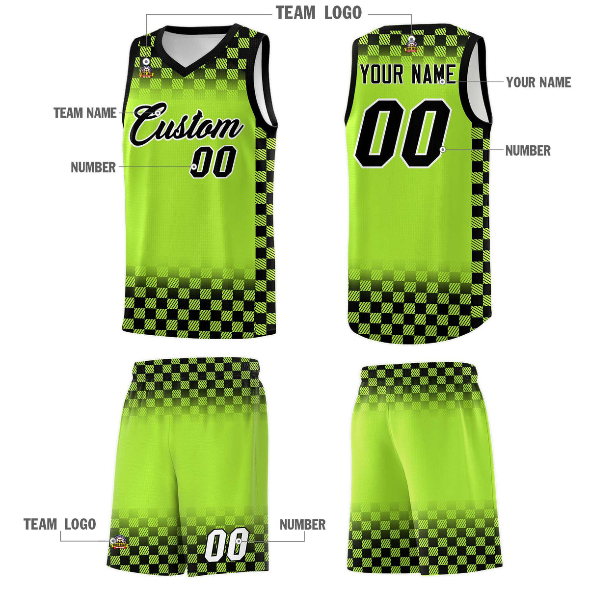 Custom Neon Green Black Classic Plaid Pattern Sports Uniform Basketball Jersey