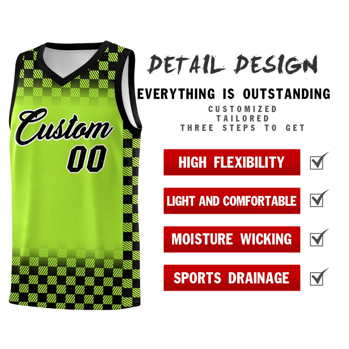 Custom Neon Green Black Classic Plaid Pattern Sports Uniform Basketball Jersey