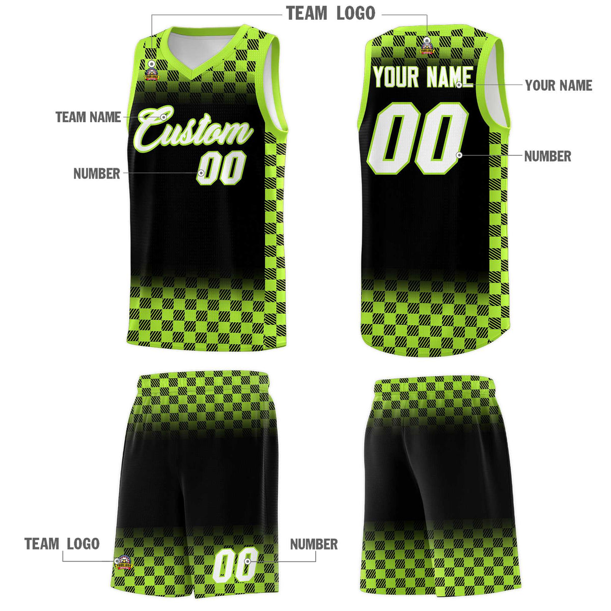Custom Black Neon Green Classic Plaid Pattern Sports Uniform Basketball Jersey