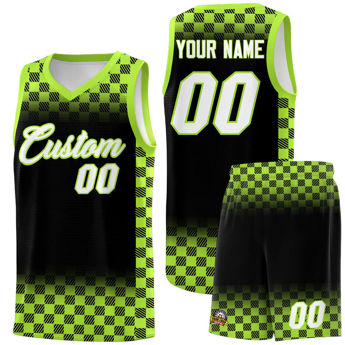 Custom Black Neon Green Classic Plaid Pattern Sports Uniform Basketball Jersey
