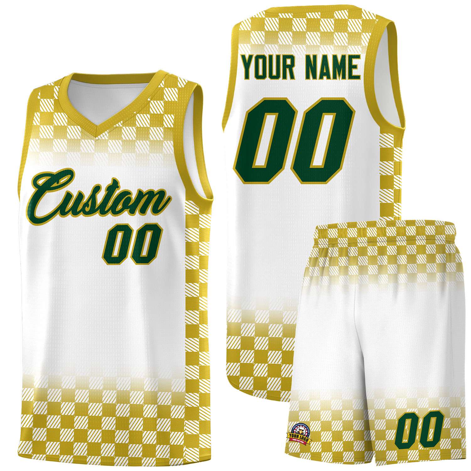 Custom White Old Gold Classic Plaid Pattern Sports Uniform Basketball Jersey
