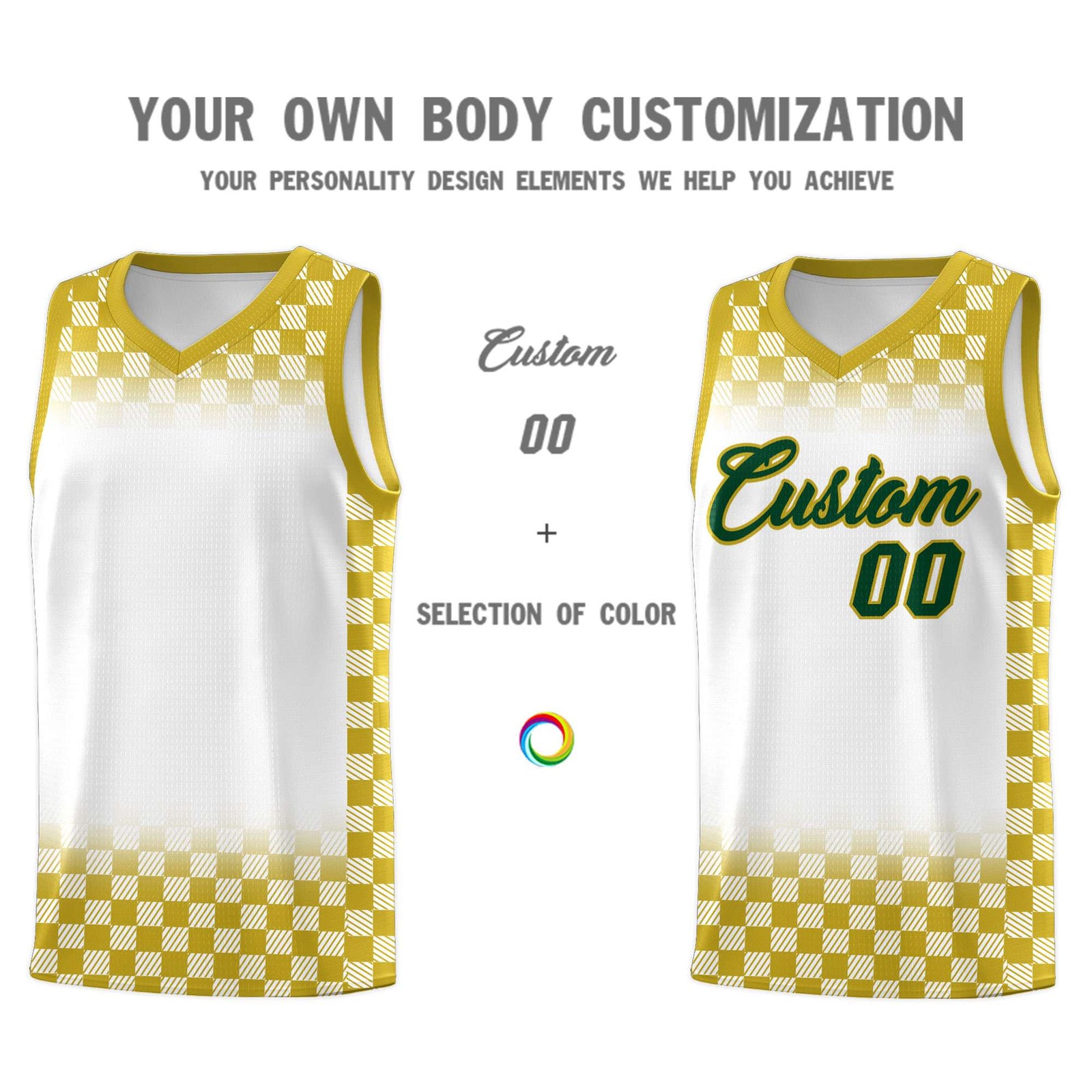 Custom White Old Gold Classic Plaid Pattern Sports Uniform Basketball Jersey