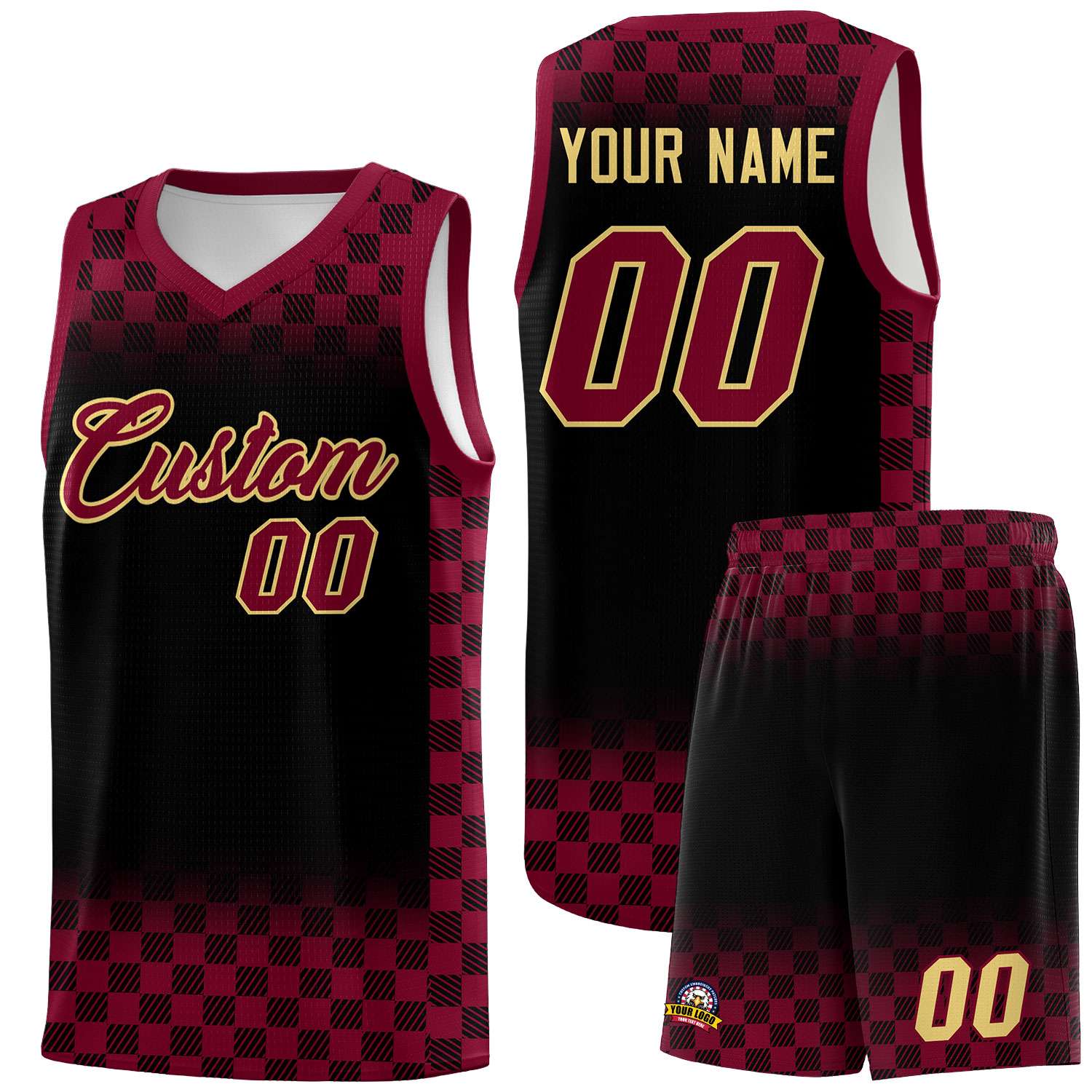 Custom Black Crimson Classic Plaid Pattern Sports Uniform Basketball Jersey