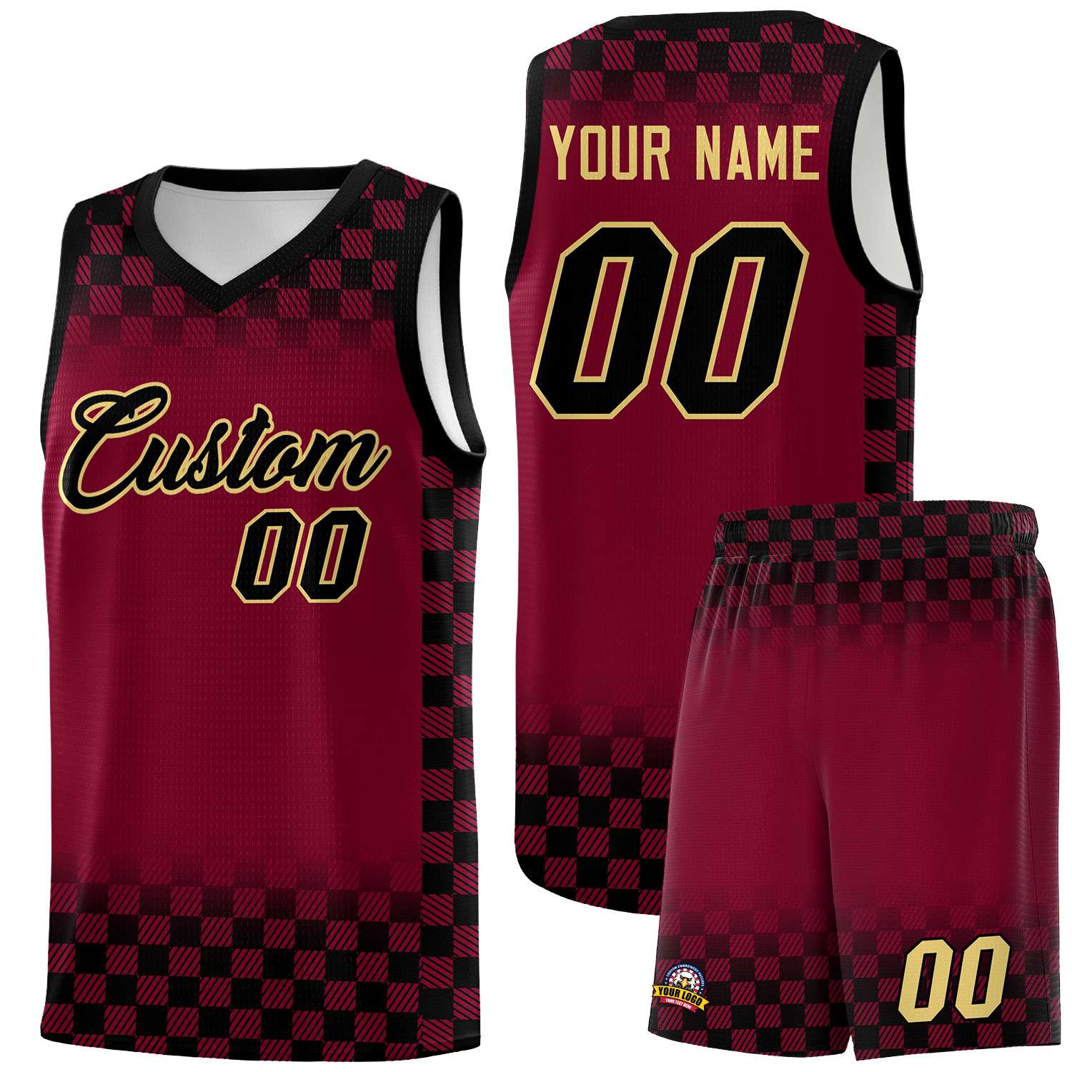 Custom Crimson Black Classic Plaid Pattern Sports Uniform Basketball Jersey