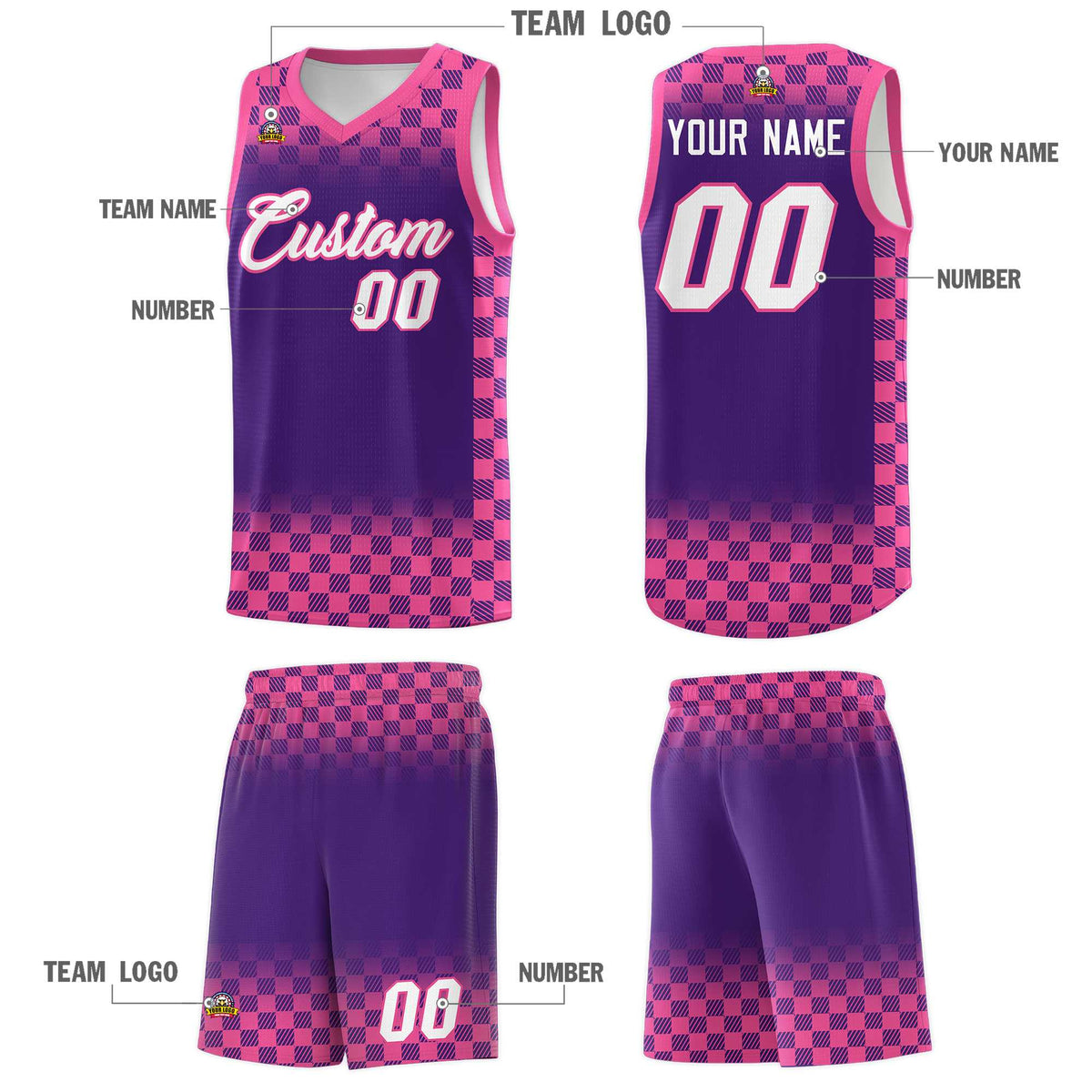 Custom Purple Pink Classic Plaid Pattern Sports Uniform Basketball Jersey