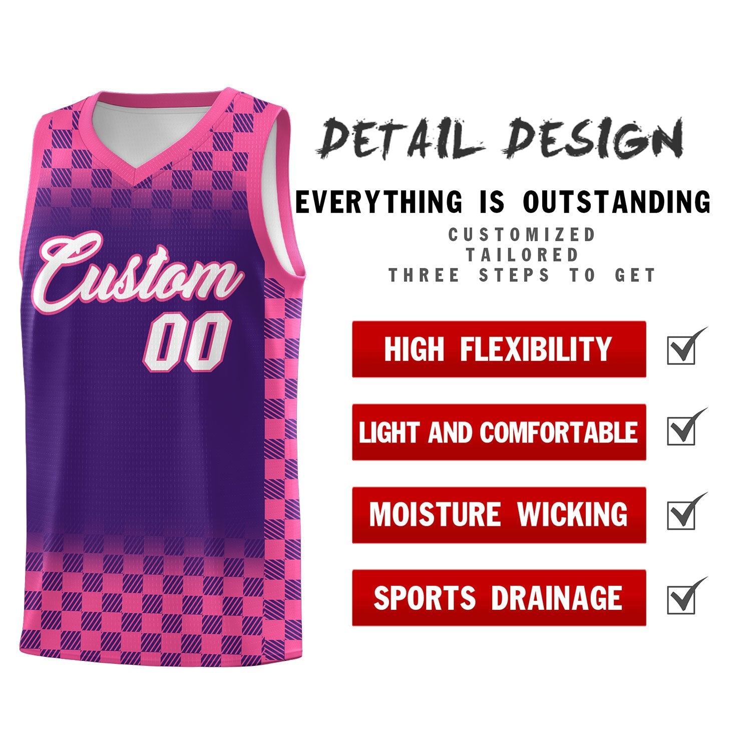Custom Purple Pink Classic Plaid Pattern Sports Uniform Basketball Jersey