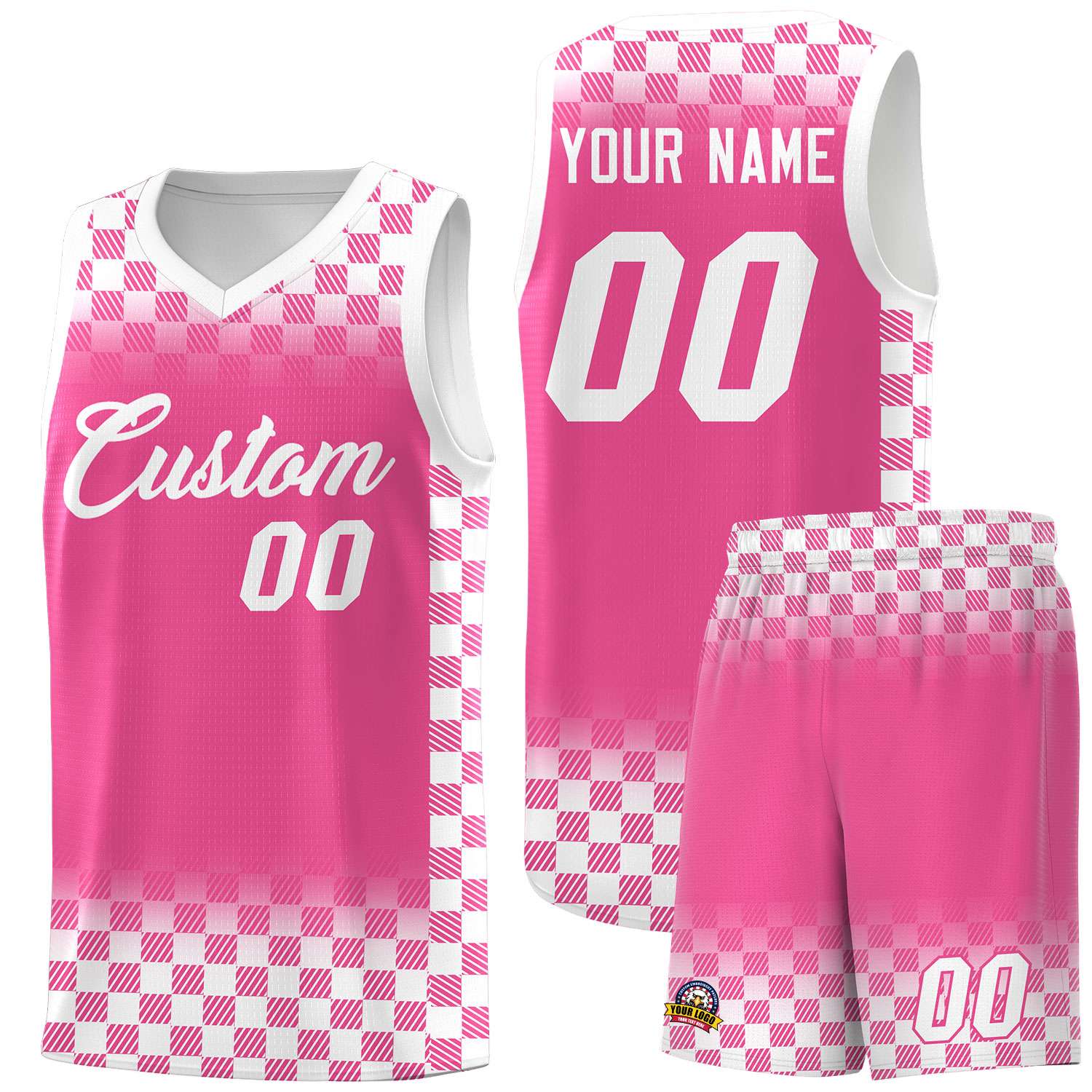 Custom Pink White Classic Plaid Pattern Sports Uniform Basketball Jersey