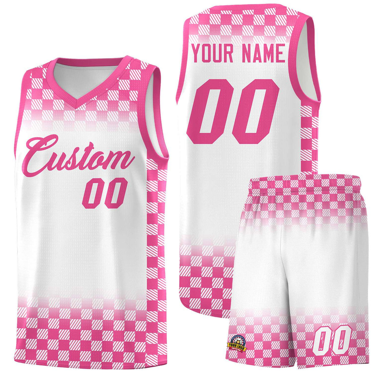 Custom White Pink Classic Plaid Pattern Sports Uniform Basketball Jersey
