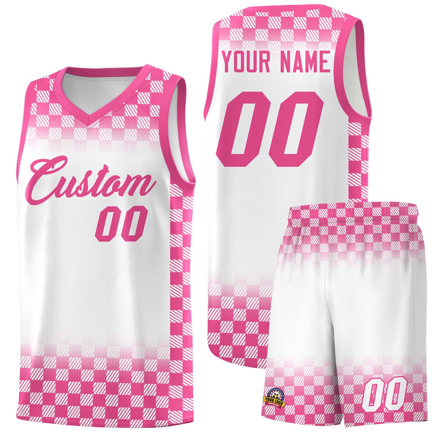 Custom White Pink Classic Plaid Pattern Sports Uniform Basketball Jersey