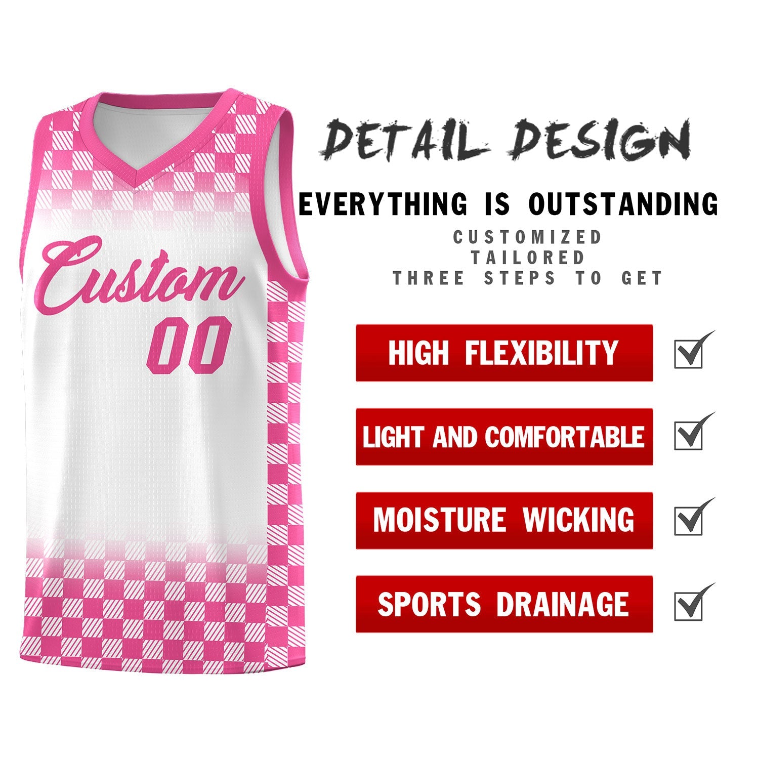 Custom White Pink Classic Plaid Pattern Sports Uniform Basketball Jersey