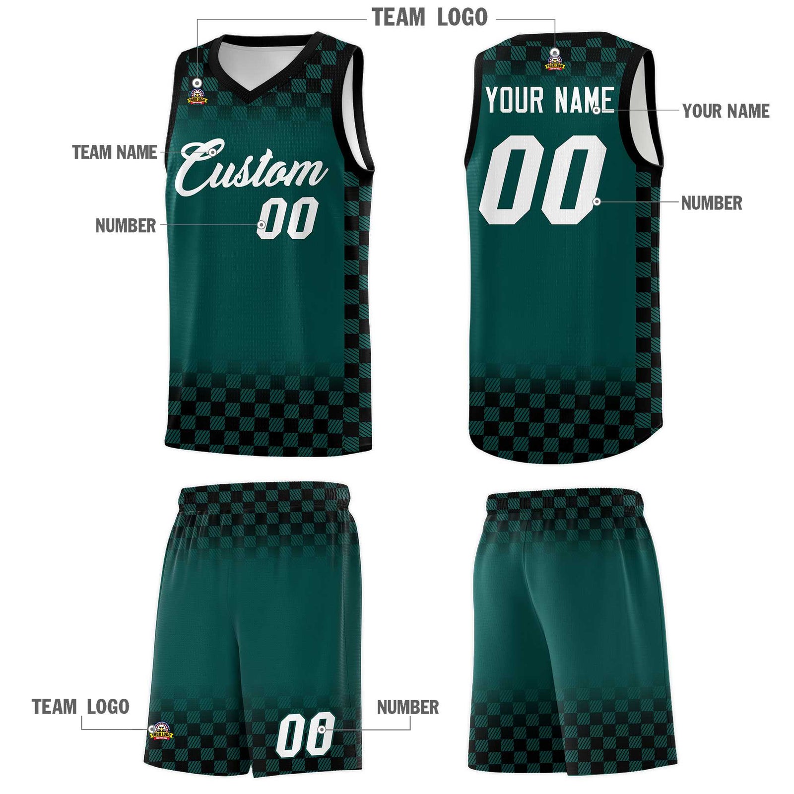 Custom Midnight Green Black Classic Plaid Pattern Sports Uniform Basketball Jersey