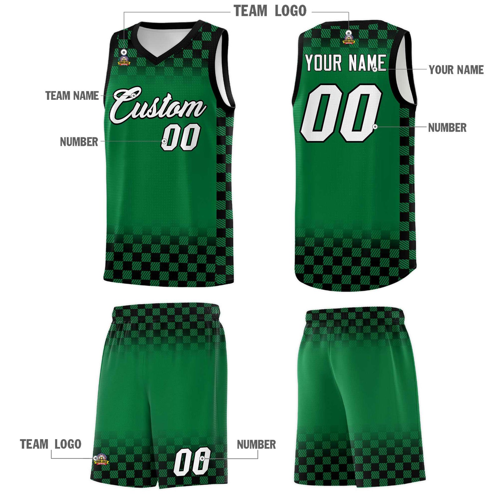 Custom Kelly Green Black Classic Plaid Pattern Sports Uniform Basketball Jersey