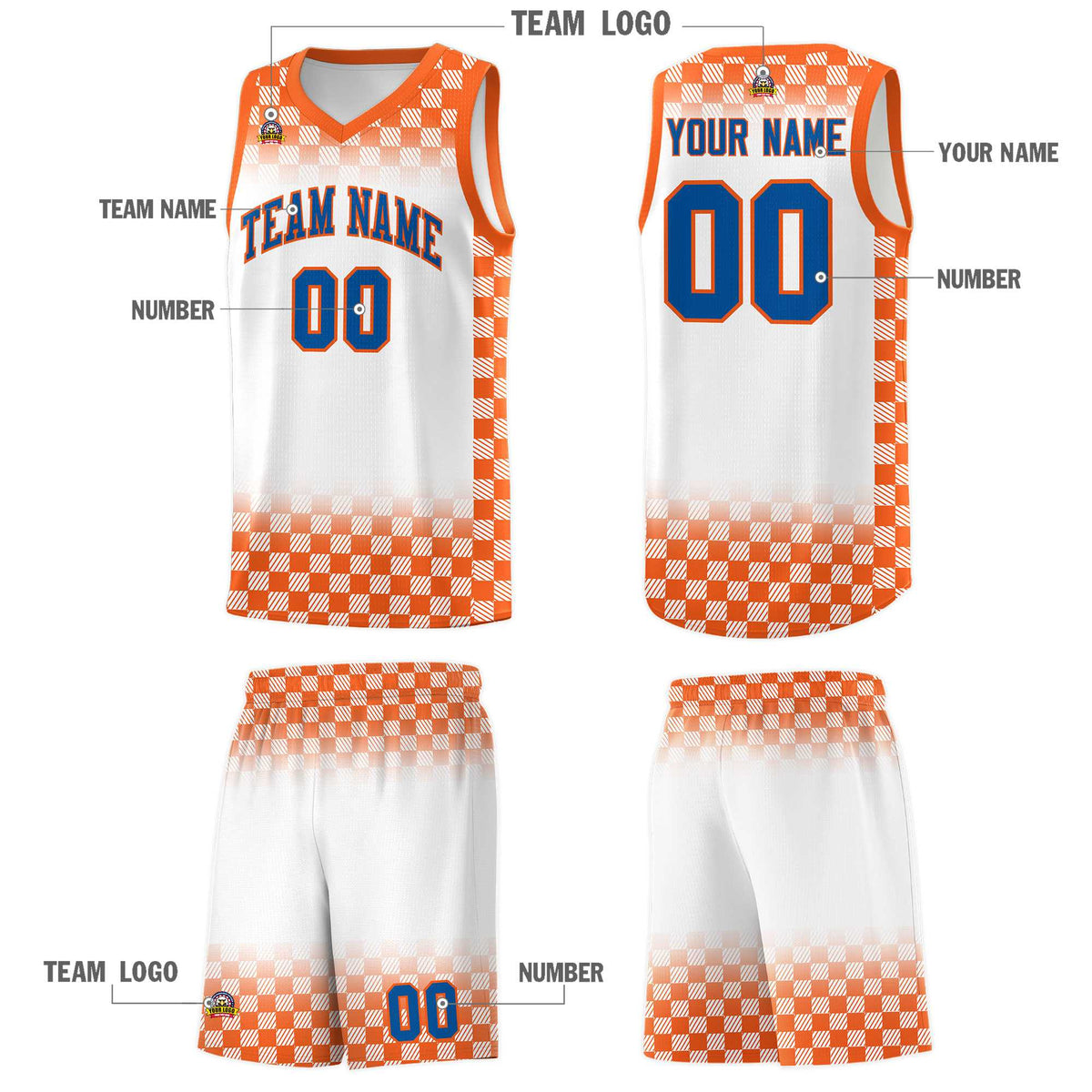 Custom White Orange Classic Plaid Pattern Sports Uniform Basketball Jersey