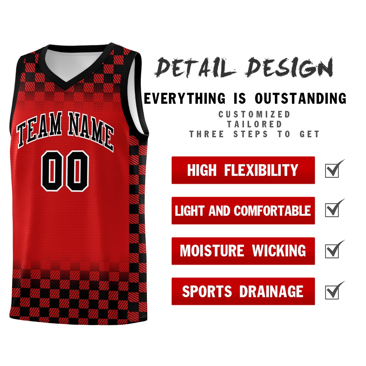 Custom Red Black Classic Plaid Pattern Sports Uniform Basketball Jersey