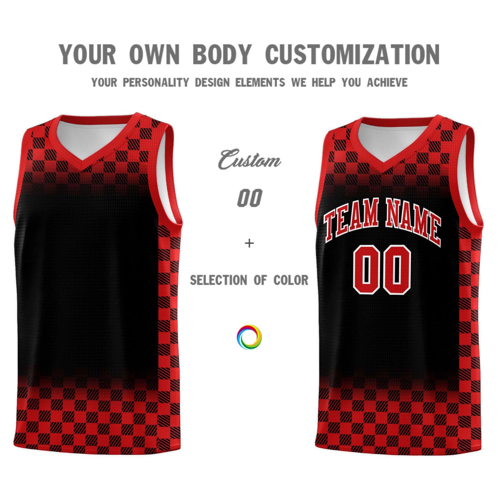 Custom Black Red Classic Plaid Pattern Sports Uniform Basketball Jersey