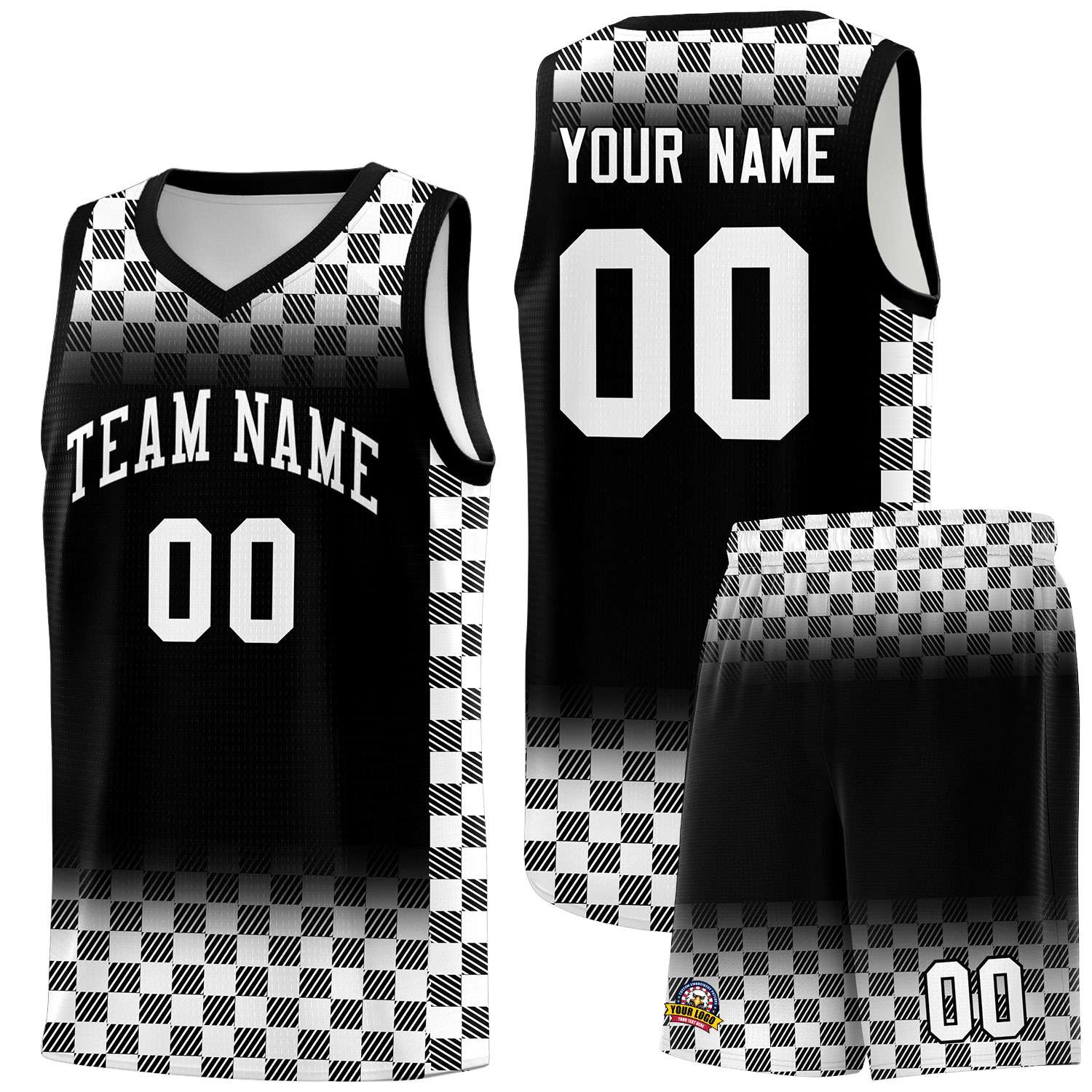 Custom Black White Classic Plaid Pattern Sports Uniform Basketball Jersey