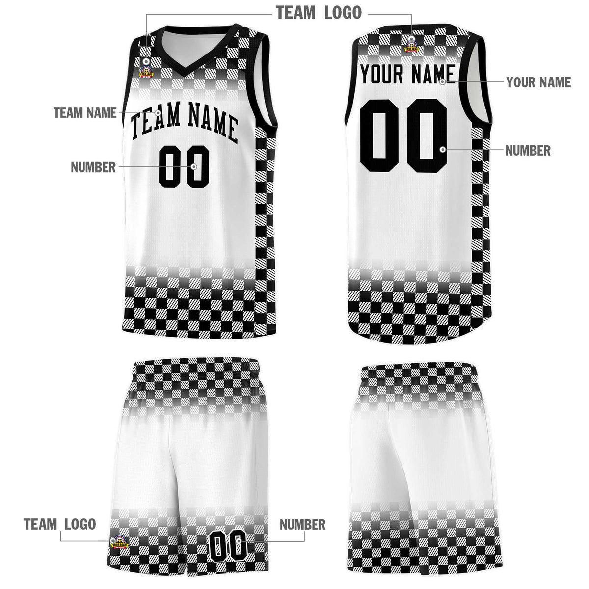 Custom White Black Classic Plaid Pattern Sports Uniform Basketball Jersey
