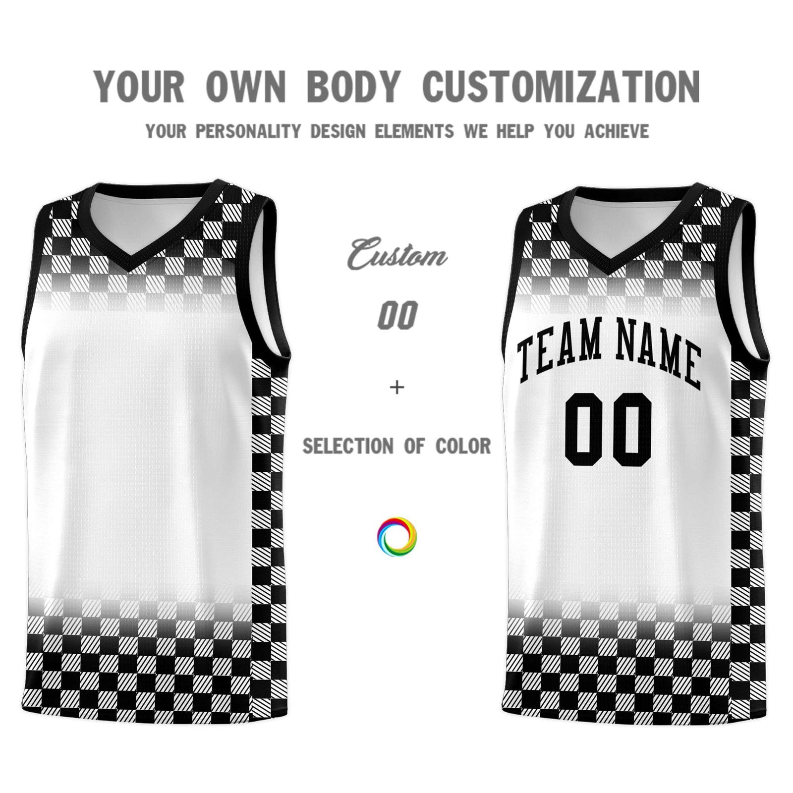 Custom White Black Classic Plaid Pattern Sports Uniform Basketball Jersey