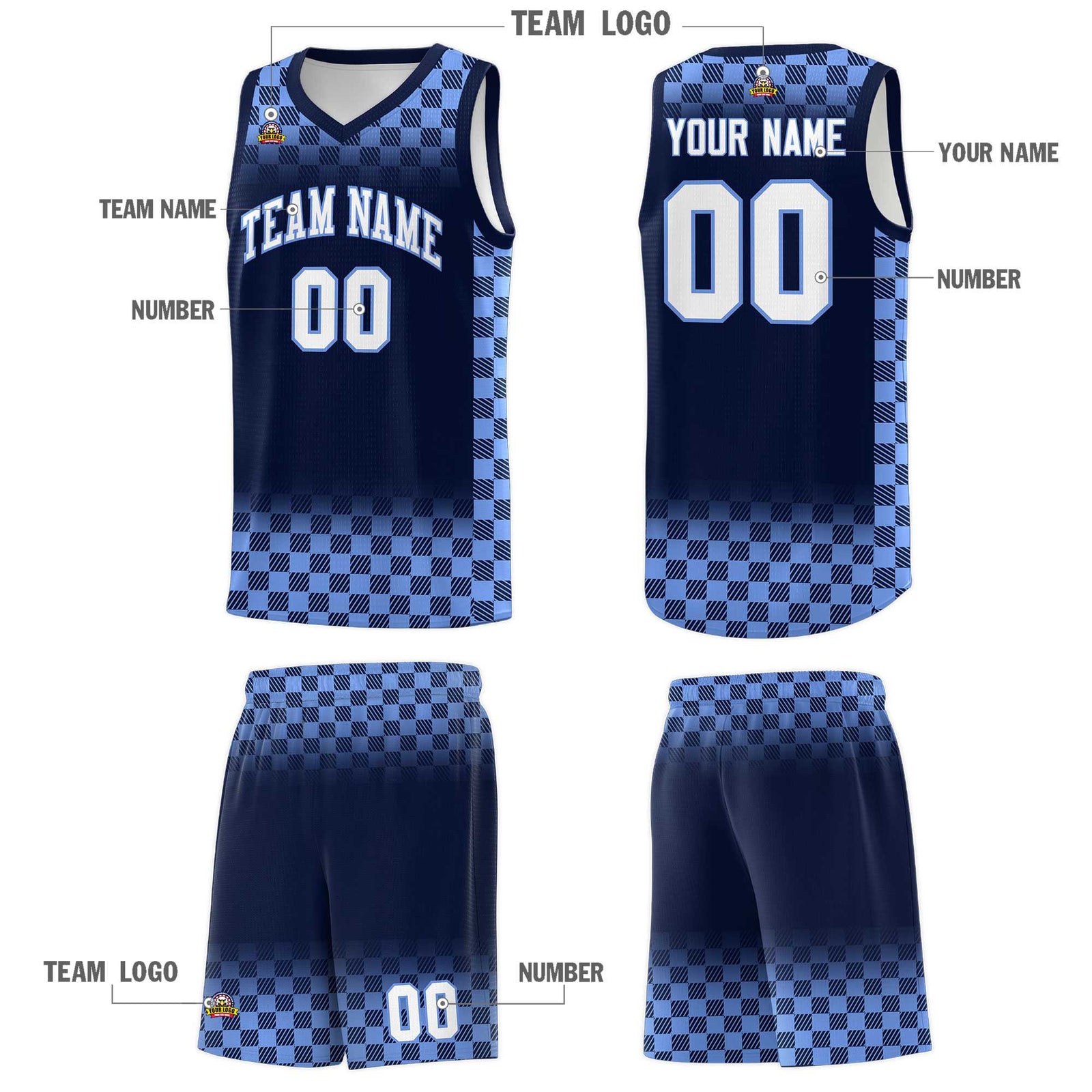 Custom Navy Light Blue Classic Plaid Pattern Sports Uniform Basketball Jersey