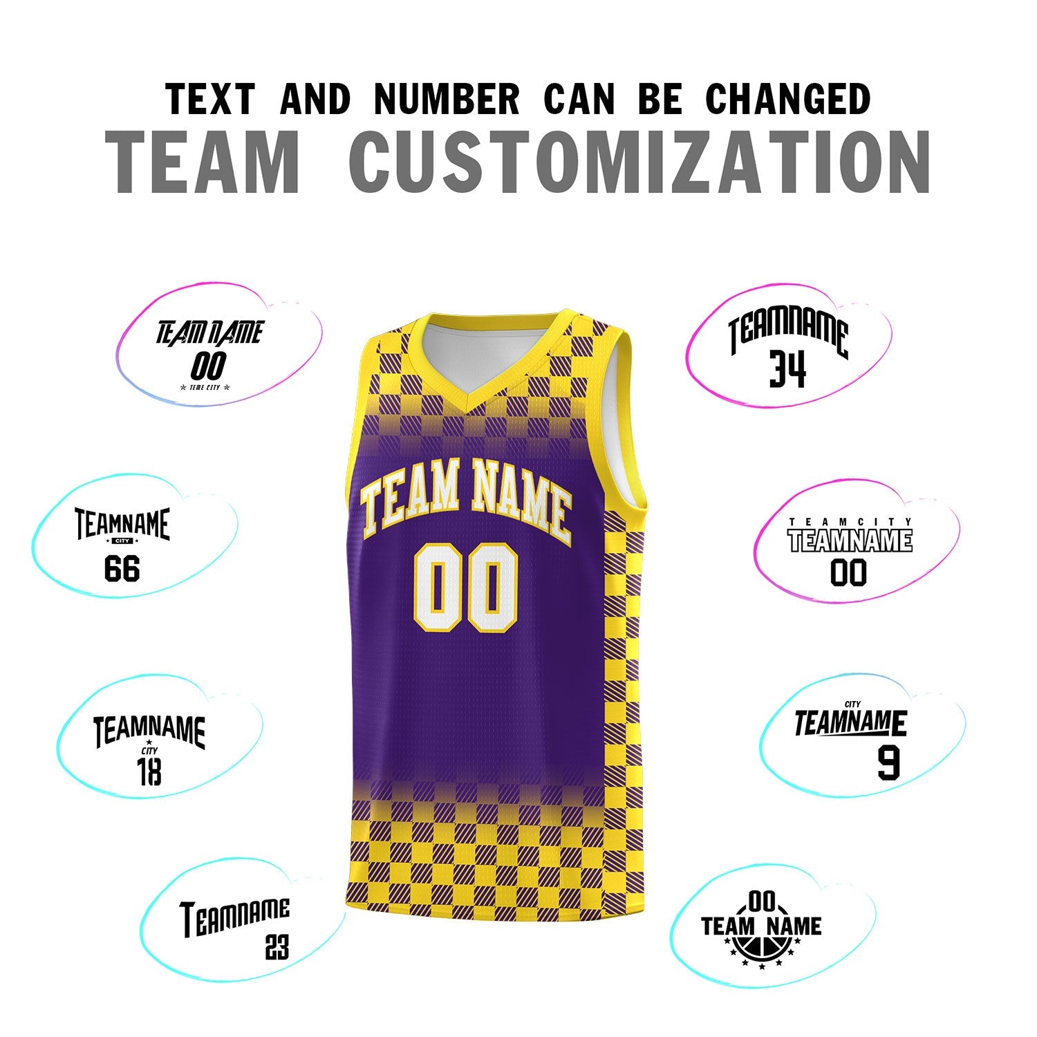 Custom Purple Gold Classic Plaid Pattern Sports Uniform Basketball Jersey