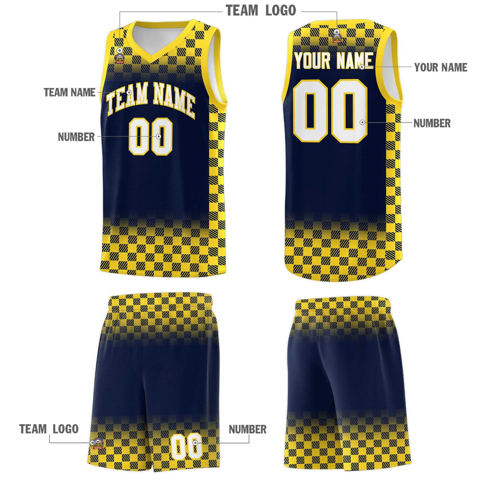 Custom Navy Gold Classic Plaid Pattern Sports Uniform Basketball Jersey