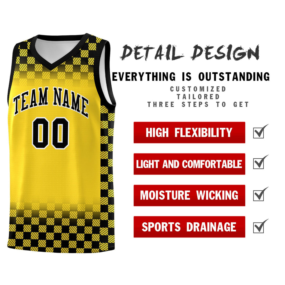 Custom Gold Black Classic Plaid Pattern Sports Uniform Basketball Jersey