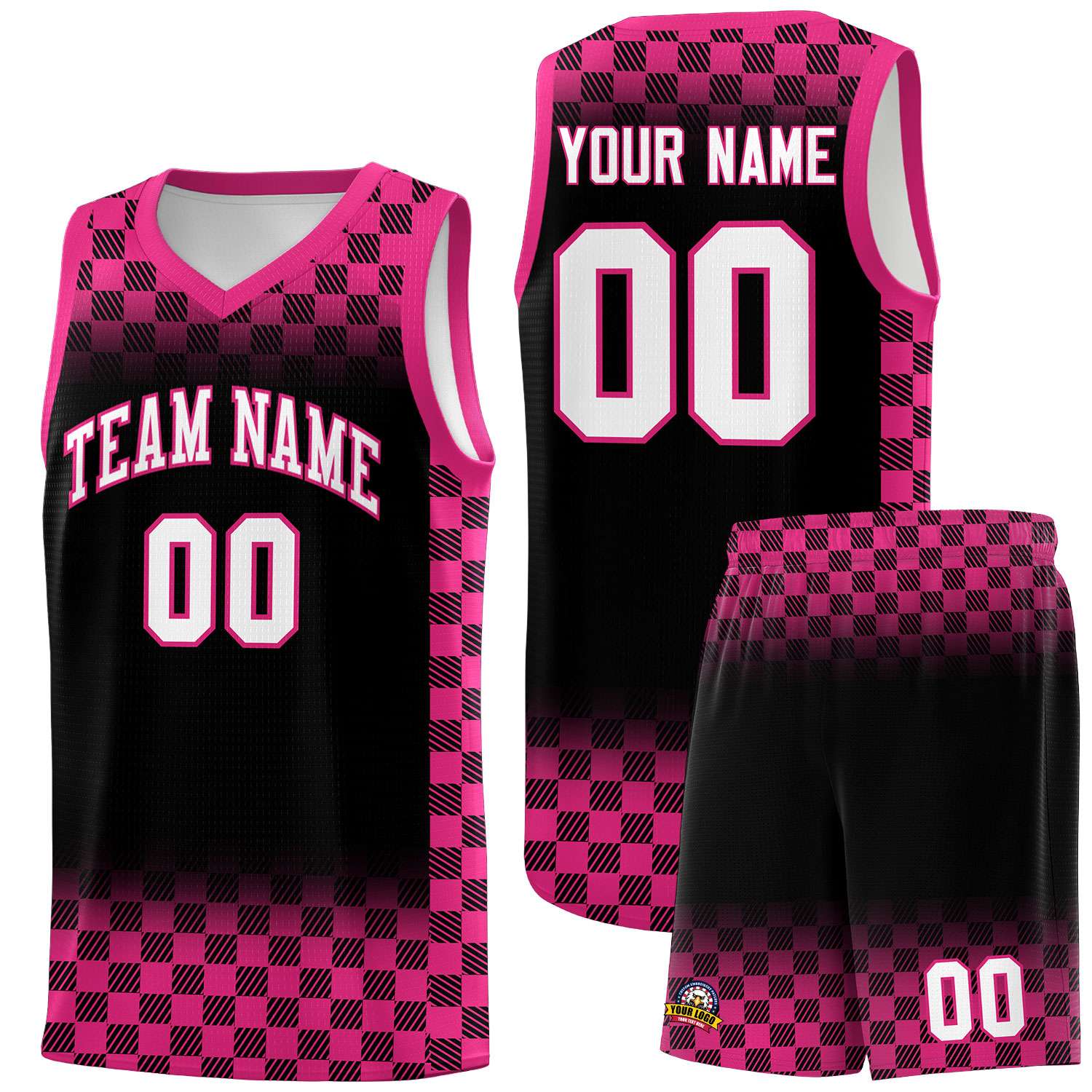 Custom Black Pink Classic Plaid Pattern Sports Uniform Basketball Jersey