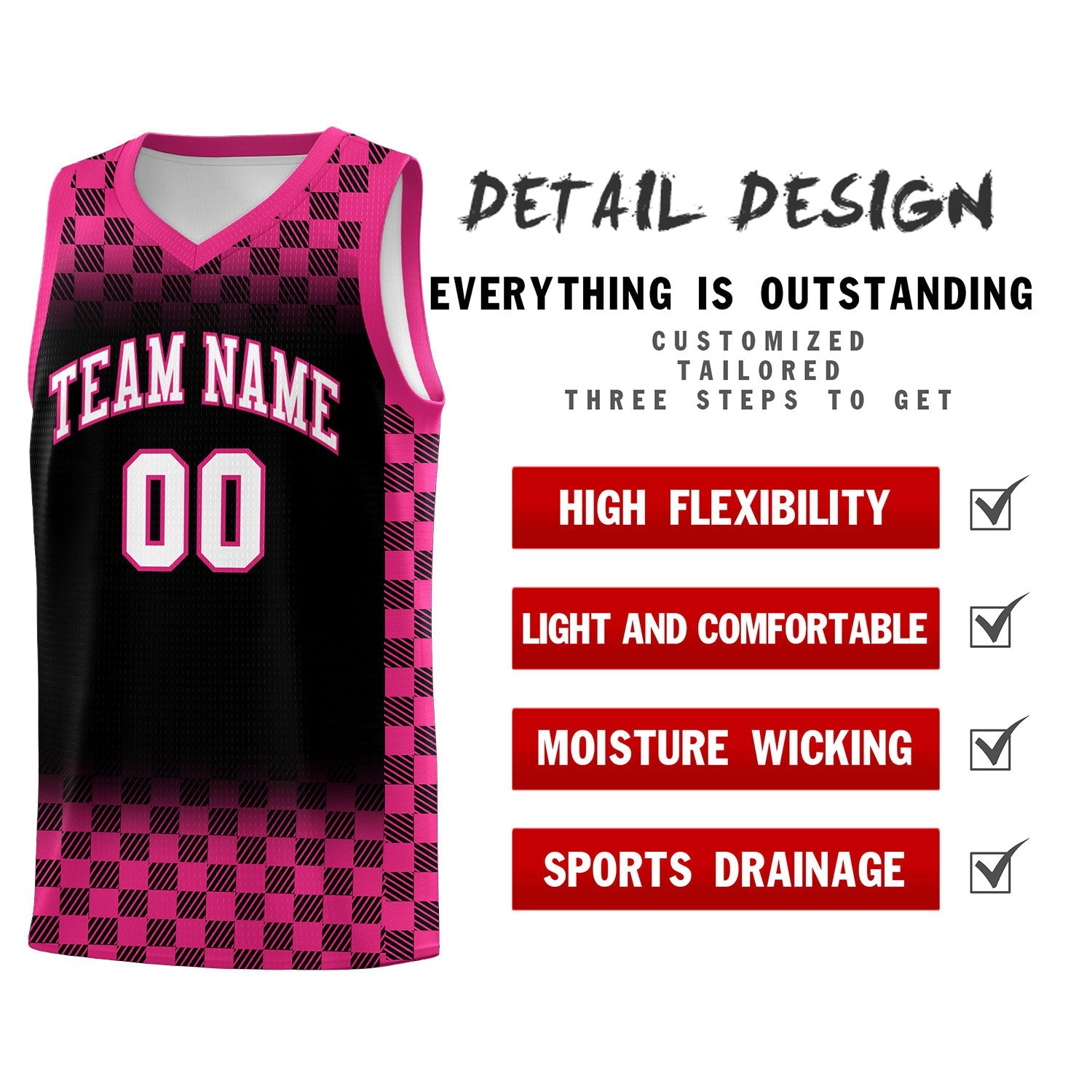 Custom Black Pink Classic Plaid Pattern Sports Uniform Basketball Jersey