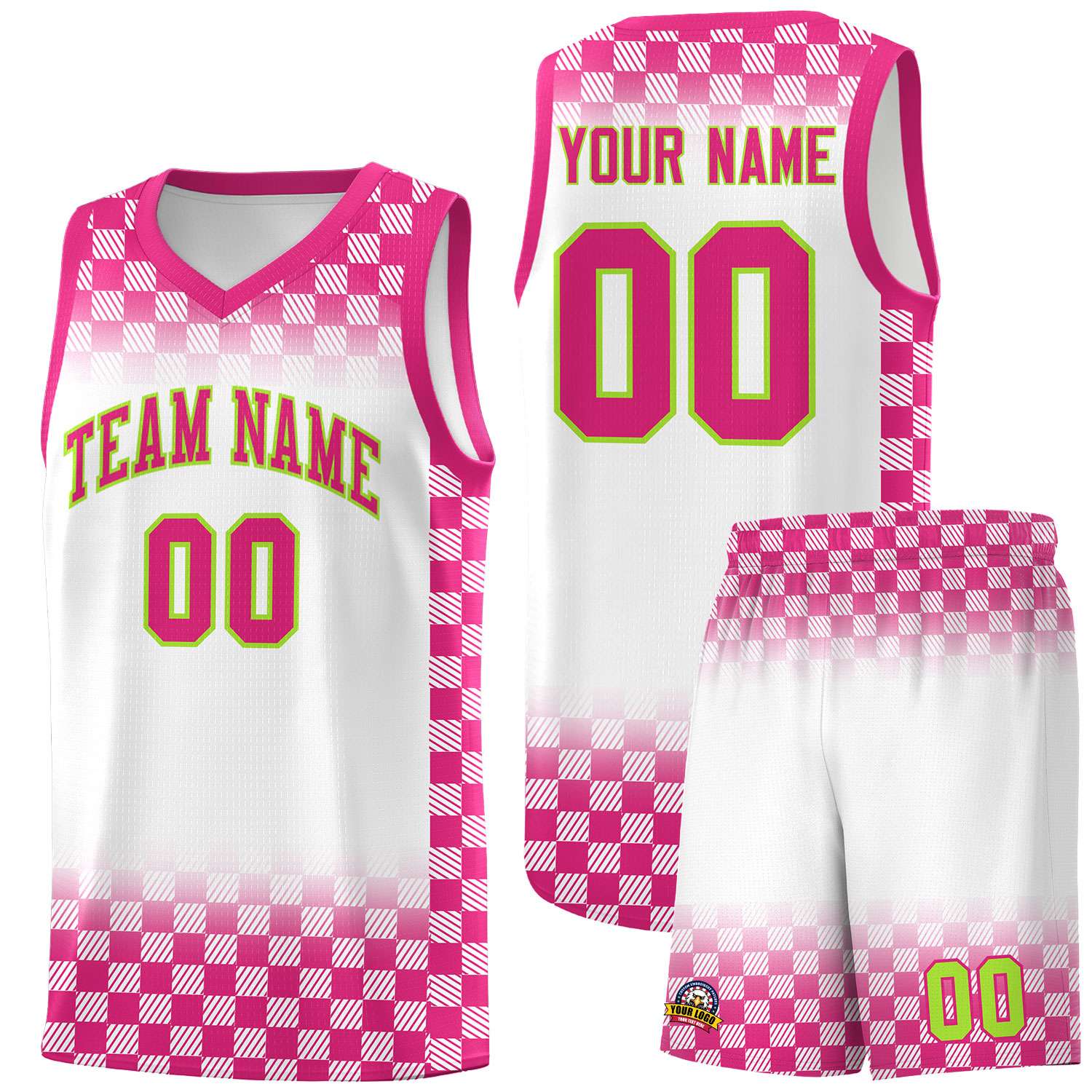 Custom White Pink Classic Plaid Pattern Sports Uniform Basketball Jersey