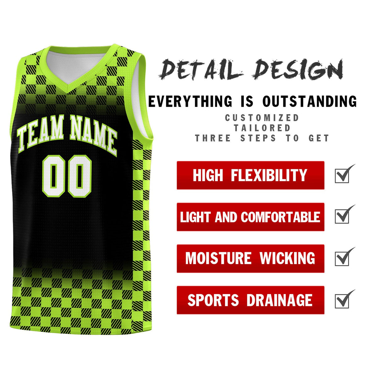 Custom Black Neon Green Classic Plaid Pattern Sports Uniform Basketball Jersey