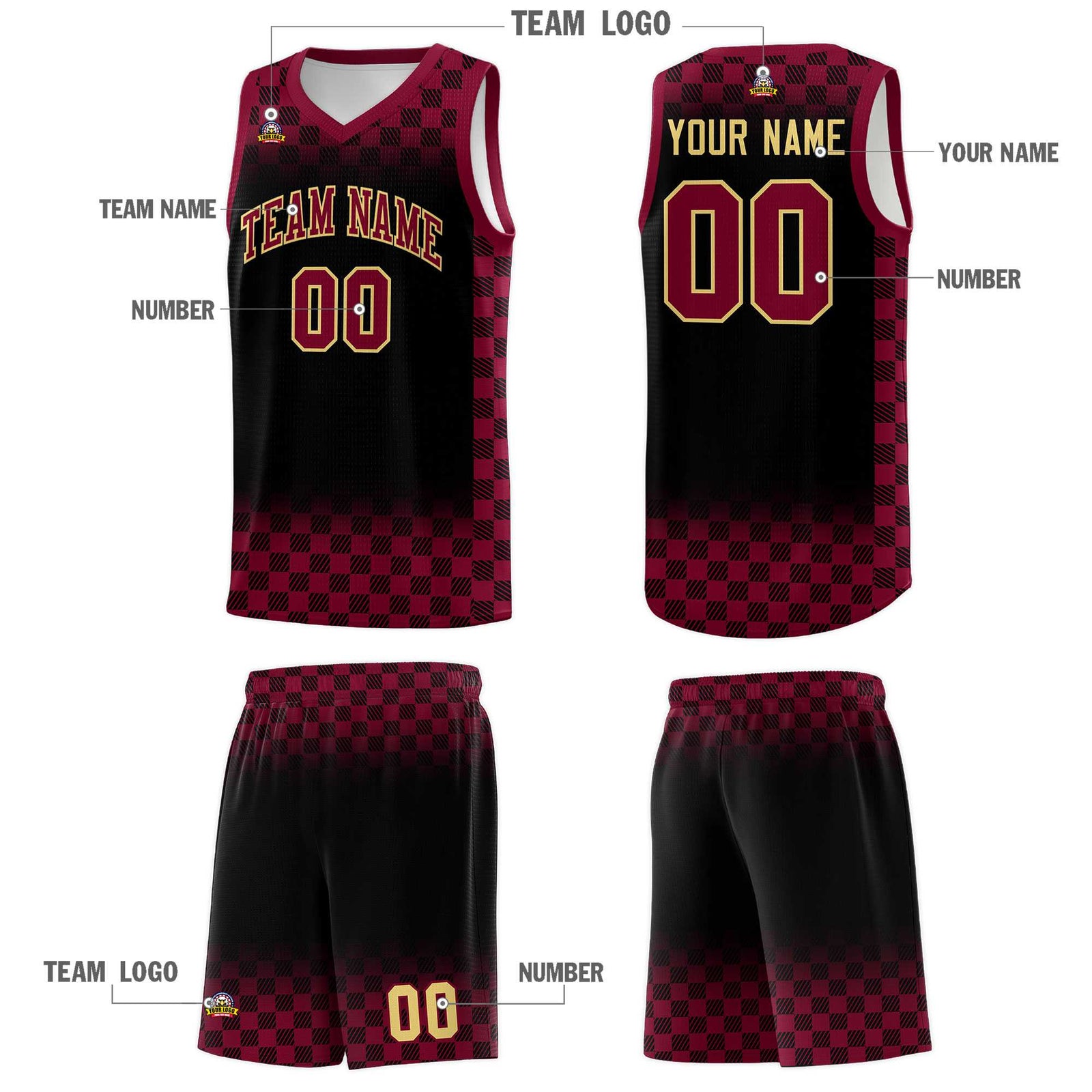 Custom Black Crimson Classic Plaid Pattern Sports Uniform Basketball Jersey