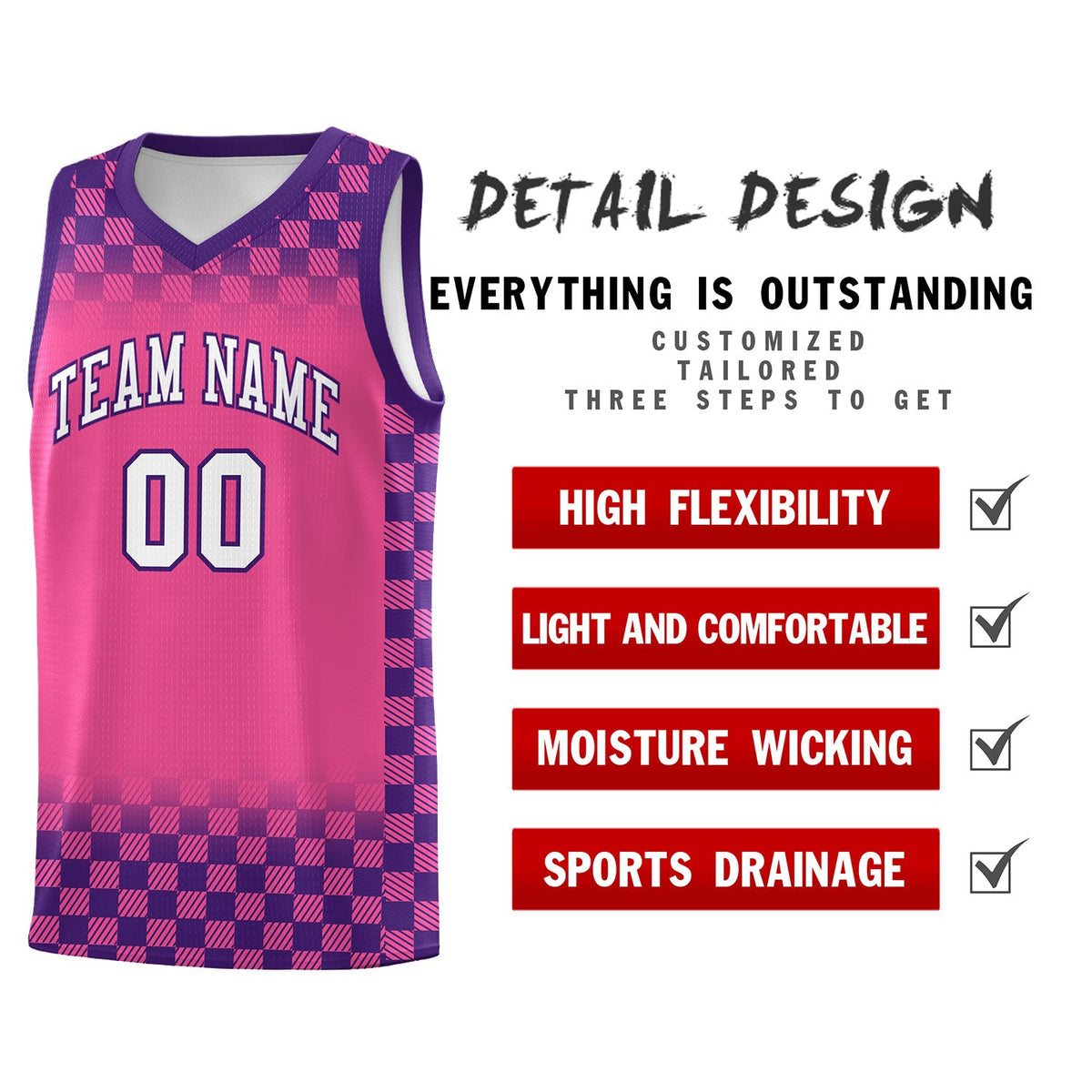 Custom Pink Purple Classic Plaid Pattern Sports Uniform Basketball Jersey