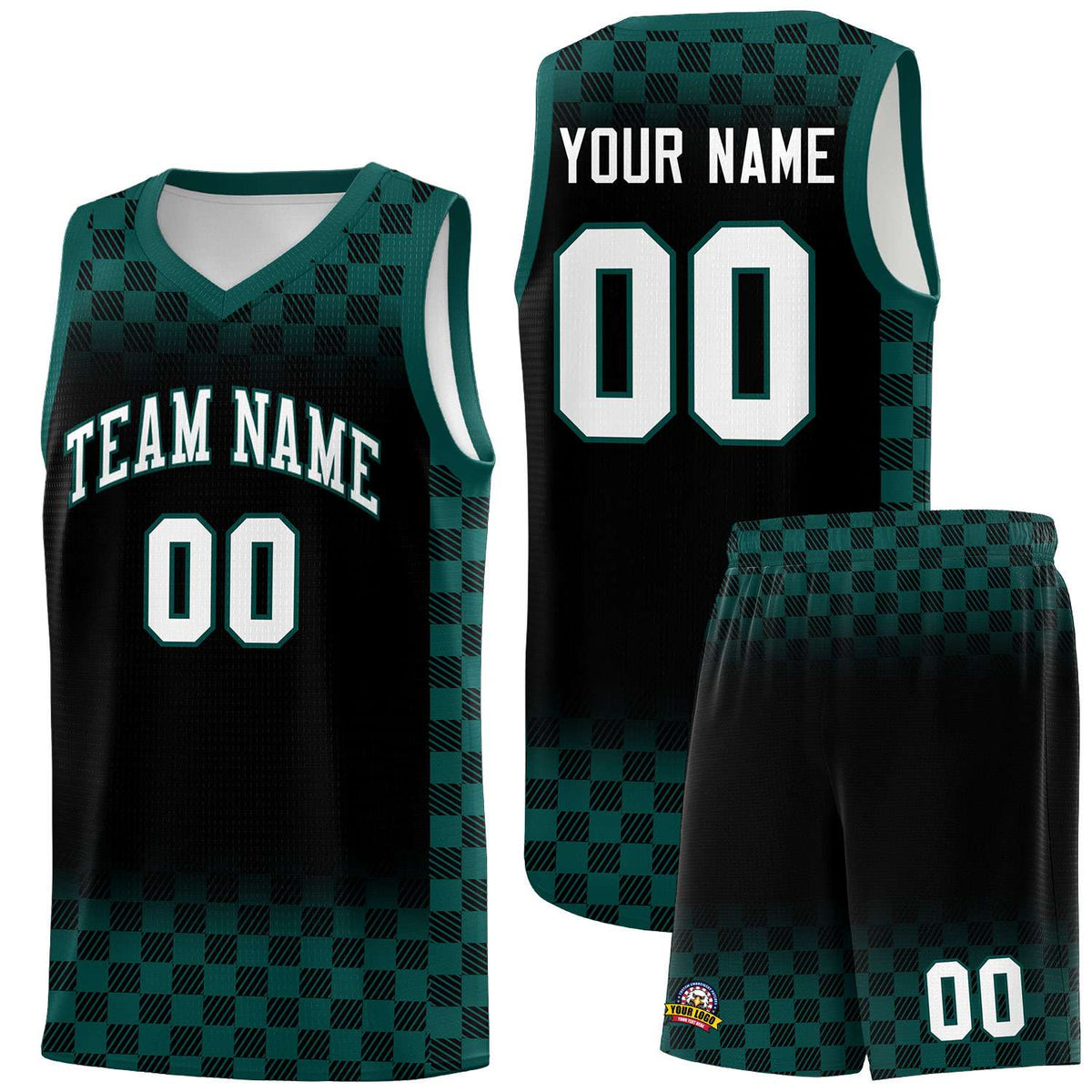 Custom Black Midnight Green Classic Plaid Pattern Sports Uniform Basketball Jersey