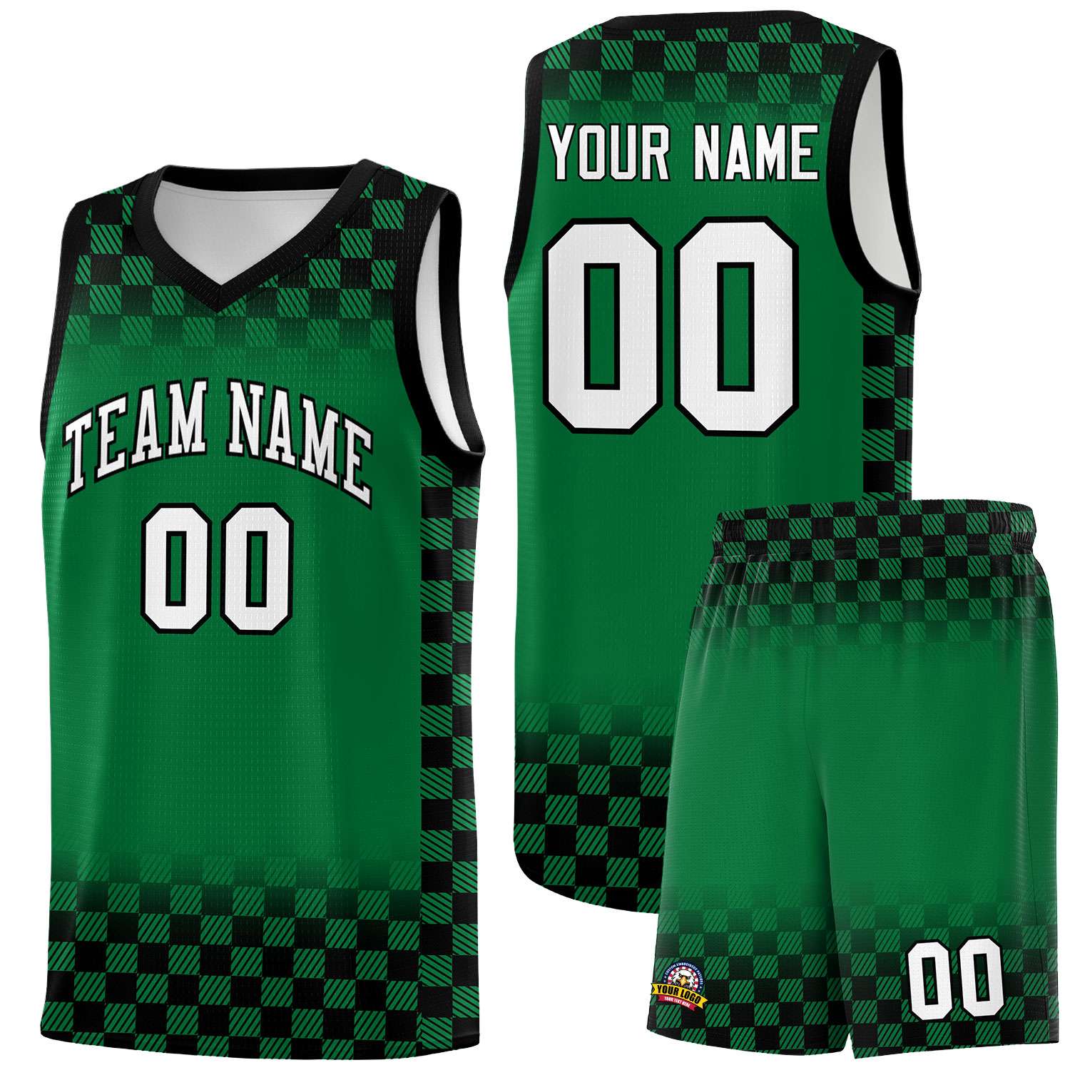 Custom Kelly Green Black Classic Plaid Pattern Sports Uniform Basketball Jersey