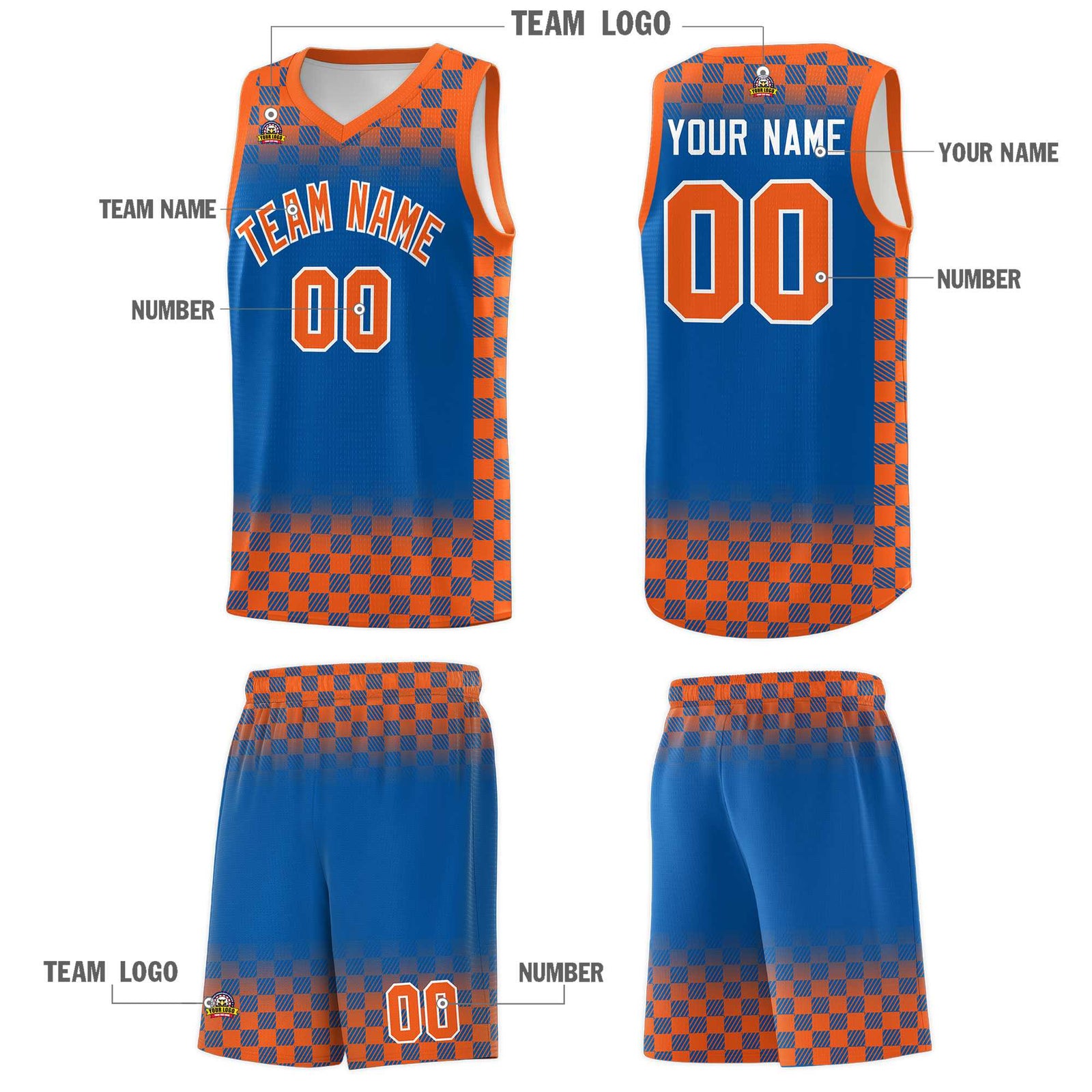 Custom Royal Orange Classic Plaid Pattern Sports Uniform Basketball Jersey