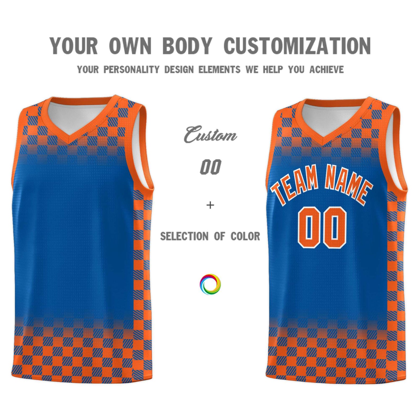 Custom Royal Orange Classic Plaid Pattern Sports Uniform Basketball Jersey